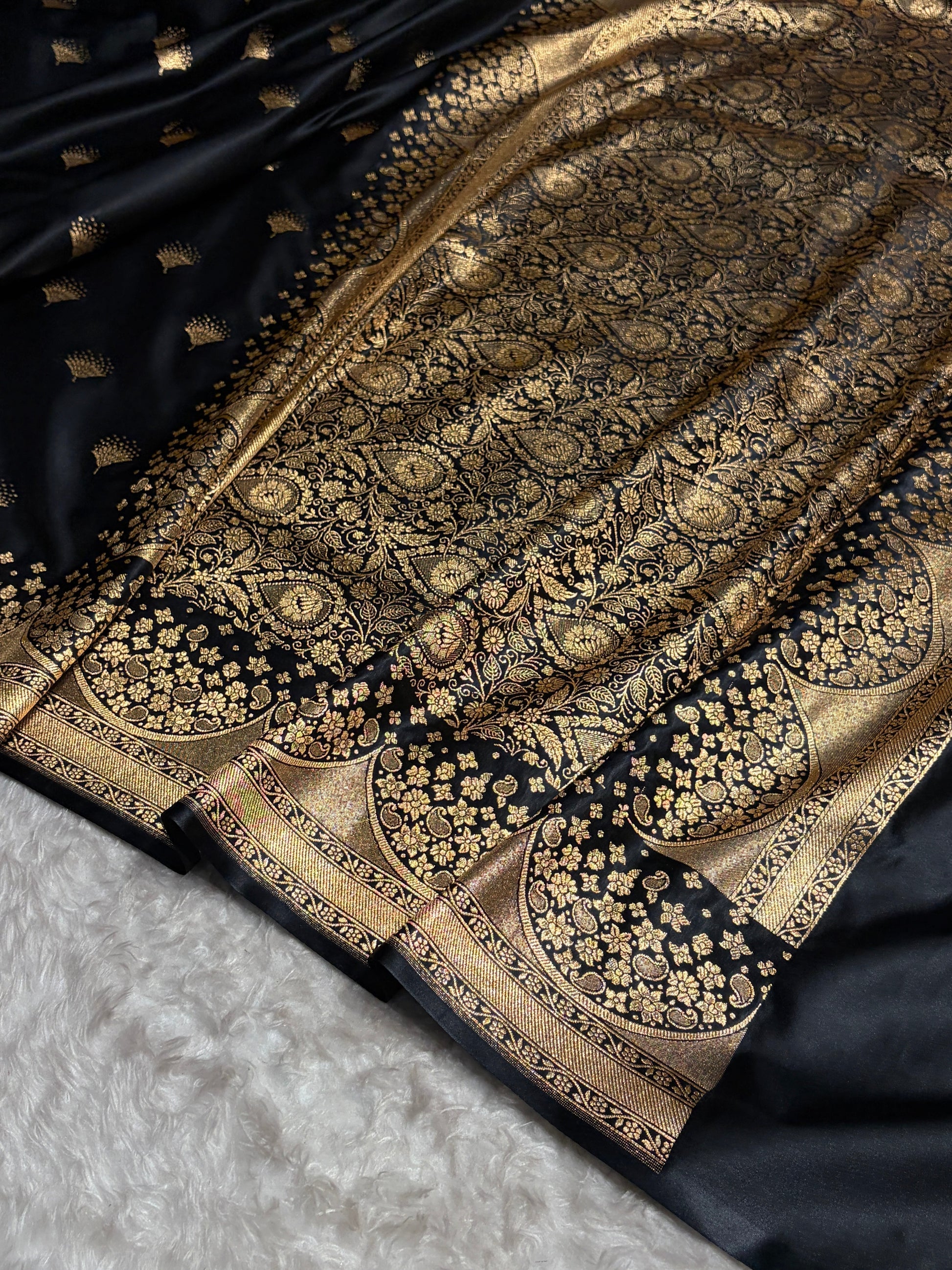 Banarasi Satin Silk Saree in Fire Gold Shade with Elegant Booti Work | Traditional Designer Wedding Saree