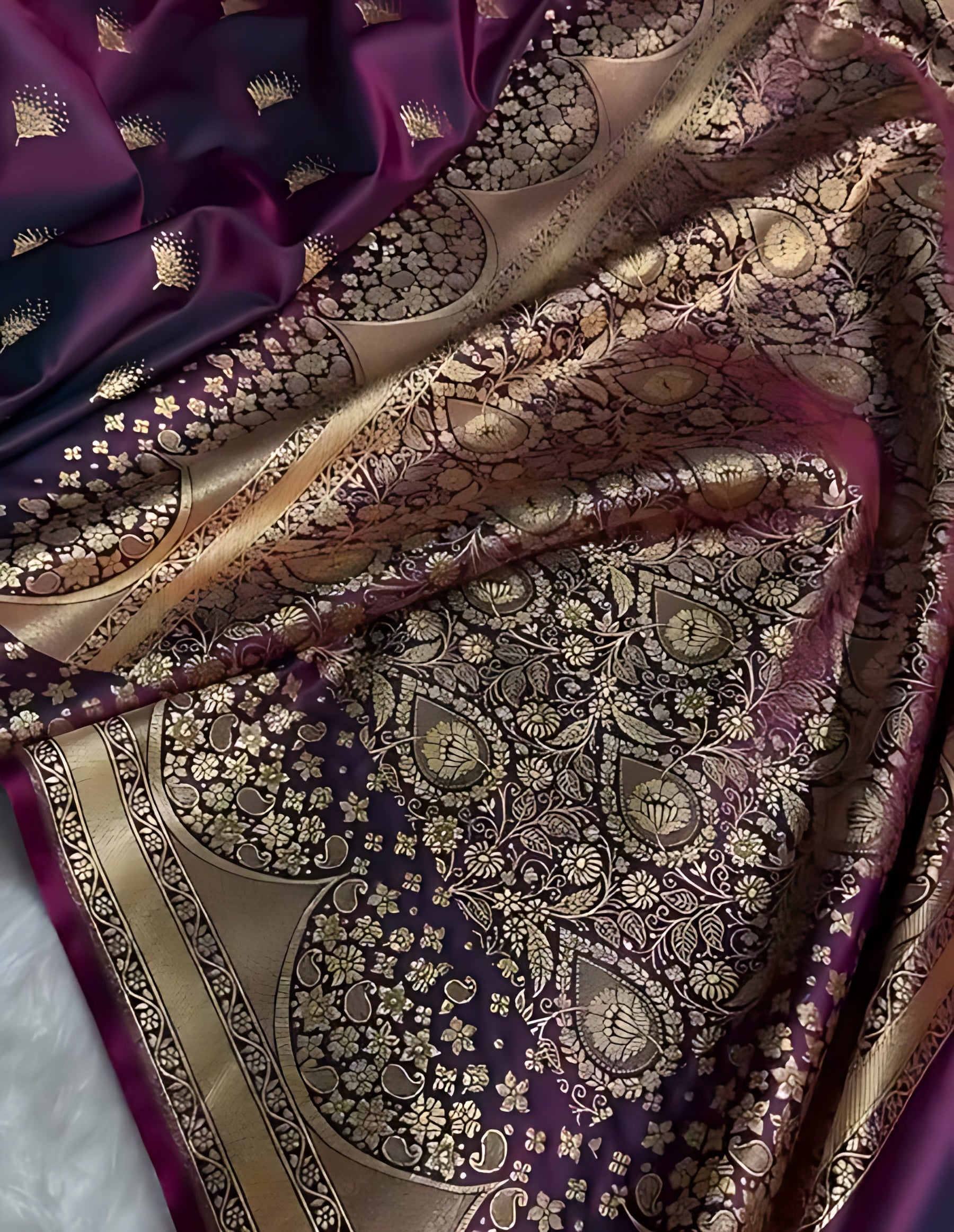 Banarasi Satin Silk Saree in Fire Gold Shade with Elegant Booti Work | Traditional Designer Wedding Saree