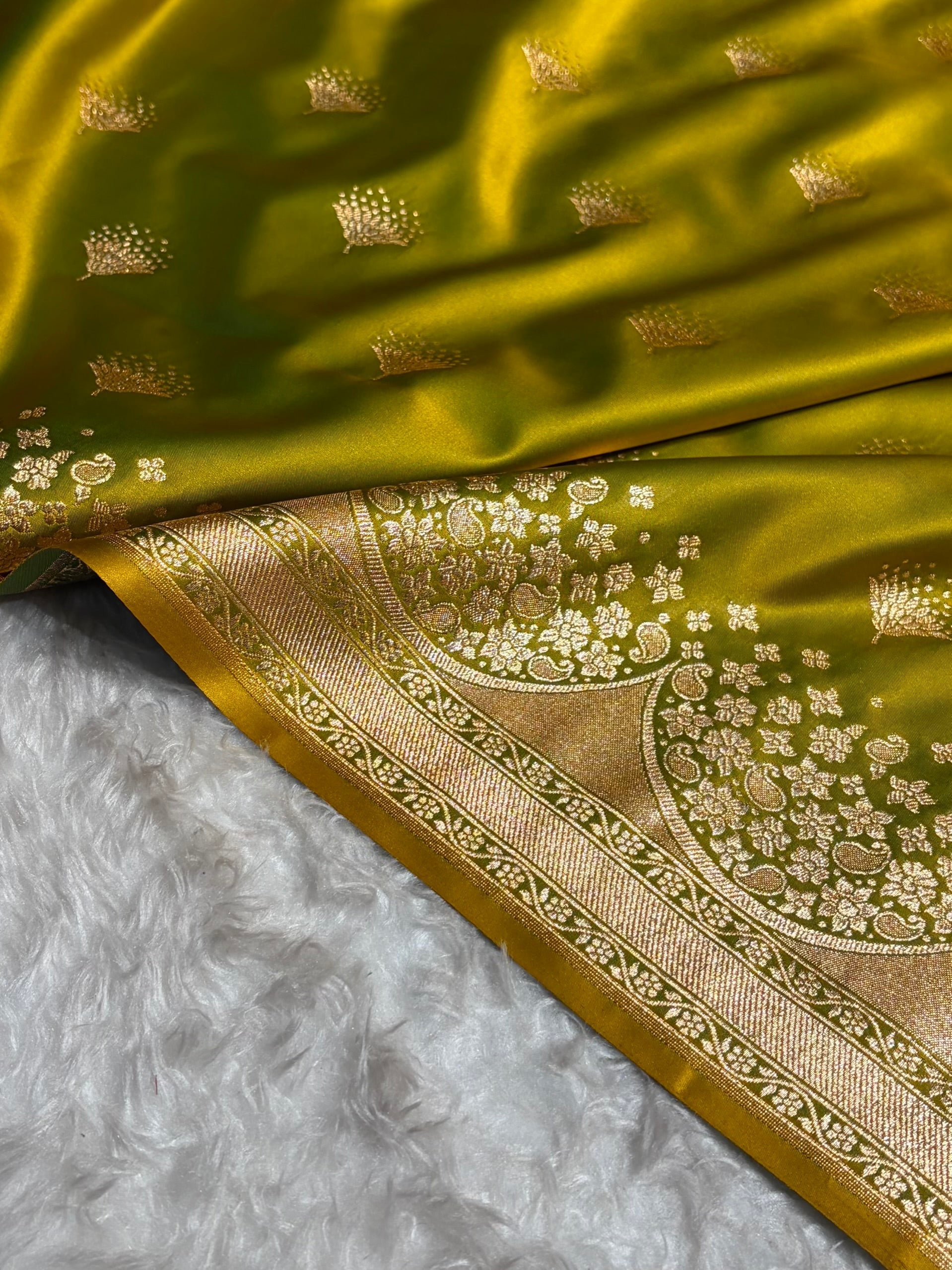 Banarasi Satin Silk Saree in Fire Gold Shade with Elegant Booti Work | Traditional Designer Wedding Saree