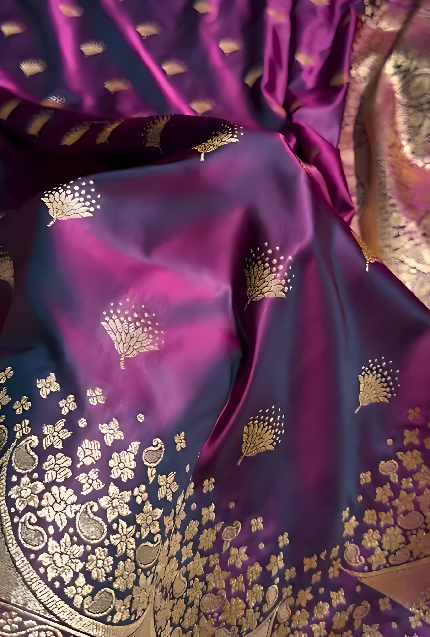 Banarasi Satin Silk Saree in Fire Gold Shade with Elegant Booti Work | Traditional Designer Wedding Saree