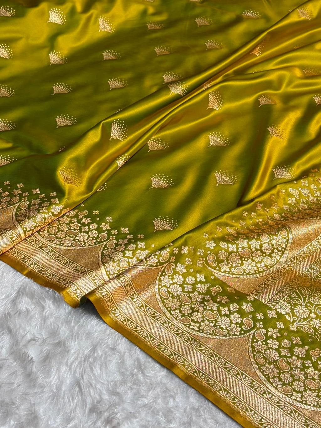 Banarasi Satin Silk Saree in Fire Gold Shade with Elegant Booti Work | Traditional Designer Wedding Saree
