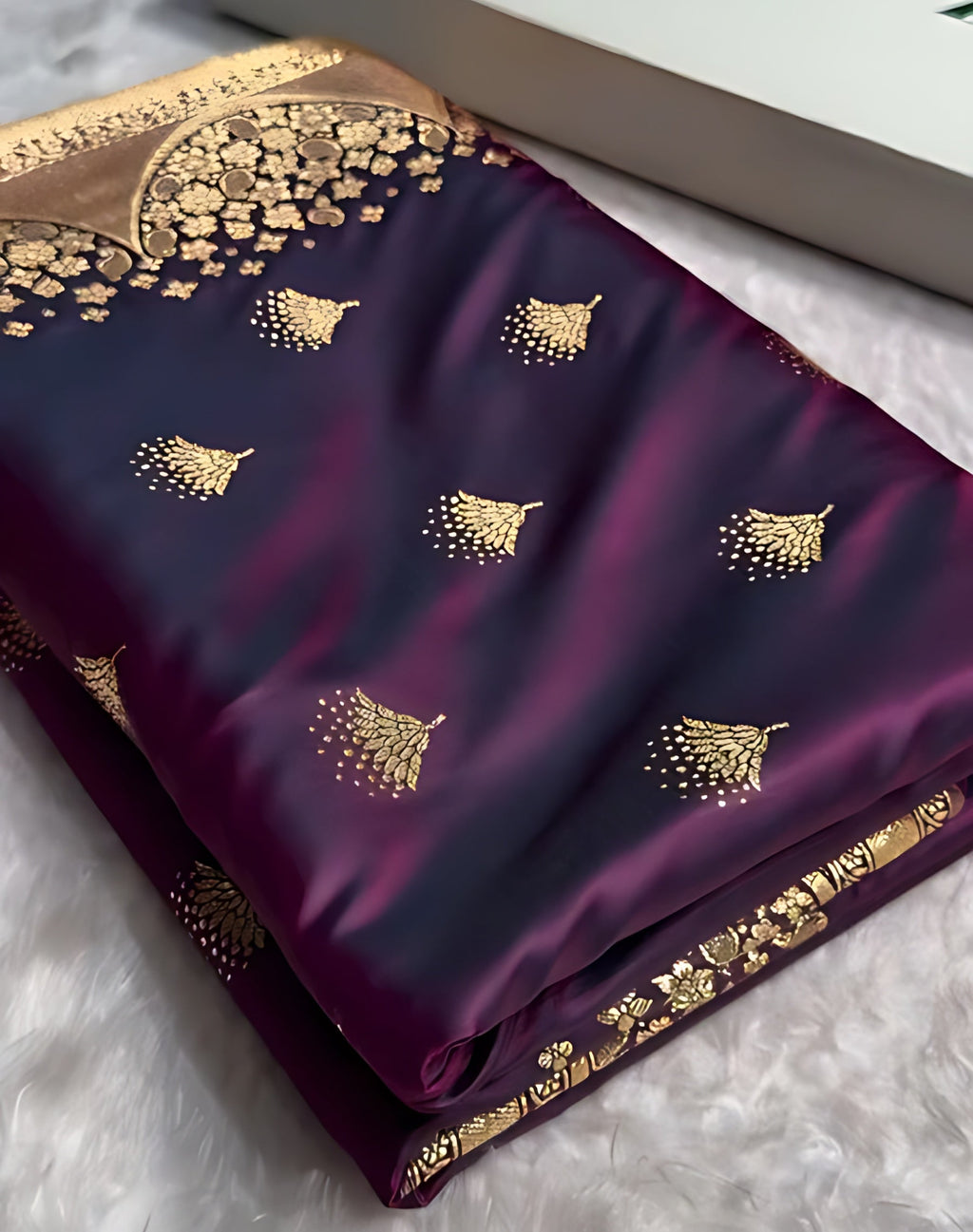 Banarasi Satin Silk Saree in Fire Gold Shade with Elegant Booti Work | Traditional Designer Wedding Saree