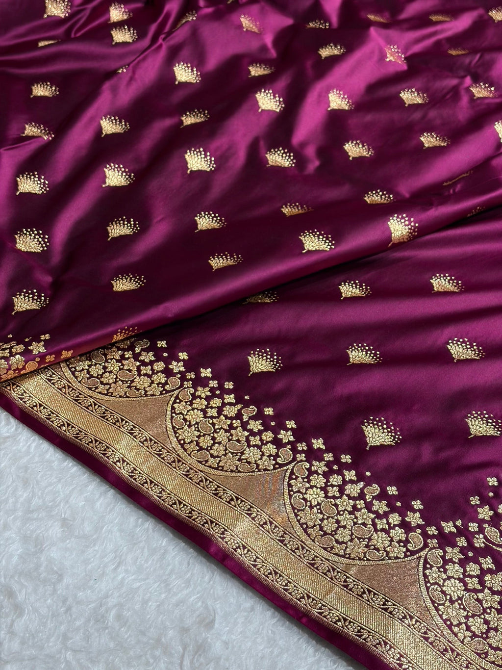 Banarasi Satin Silk Saree in Fire Gold Shade with Elegant Booti Work | Traditional Designer Wedding Saree