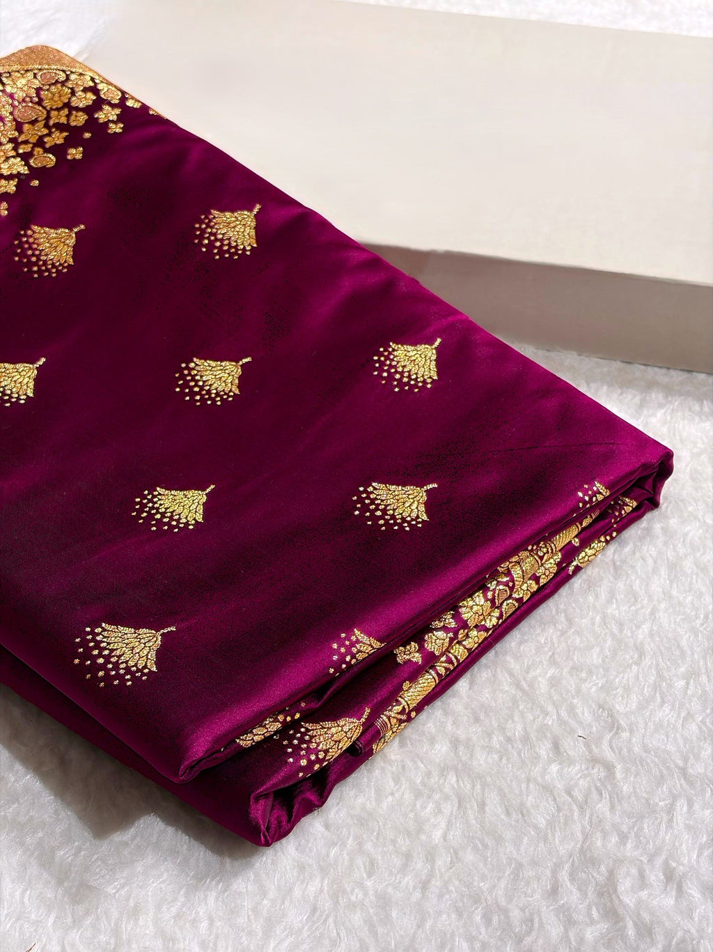 Banarasi Satin Silk Saree in Fire Gold Shade with Elegant Booti Work | Traditional Designer Wedding Saree