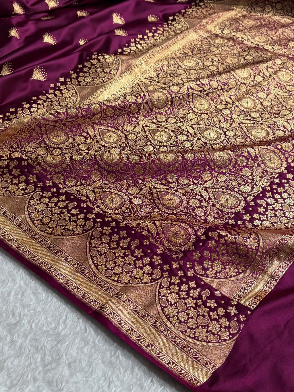 Banarasi Satin Silk Saree in Fire Gold Shade with Elegant Booti Work | Traditional Designer Wedding Saree
