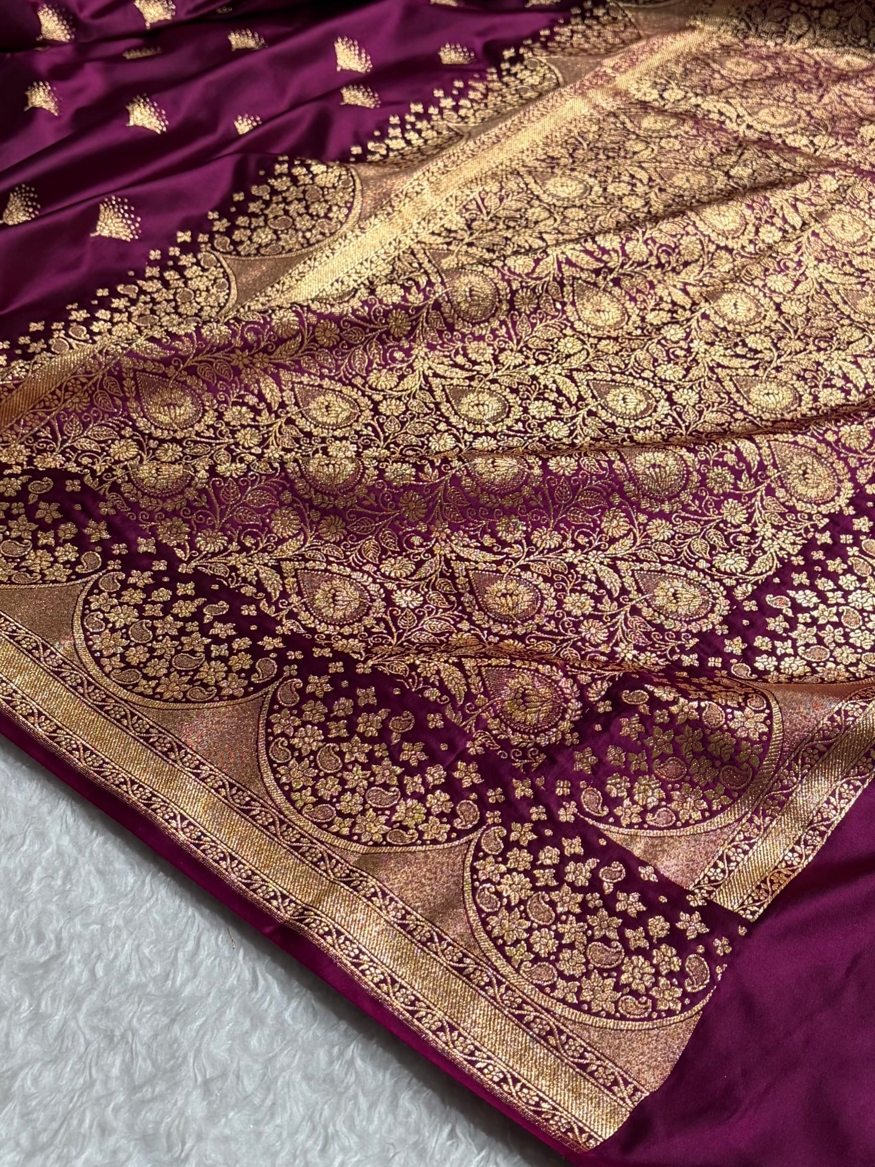 Banarasi Satin Silk Saree in Fire Gold Shade with Elegant Booti Work | Traditional Designer Wedding Saree