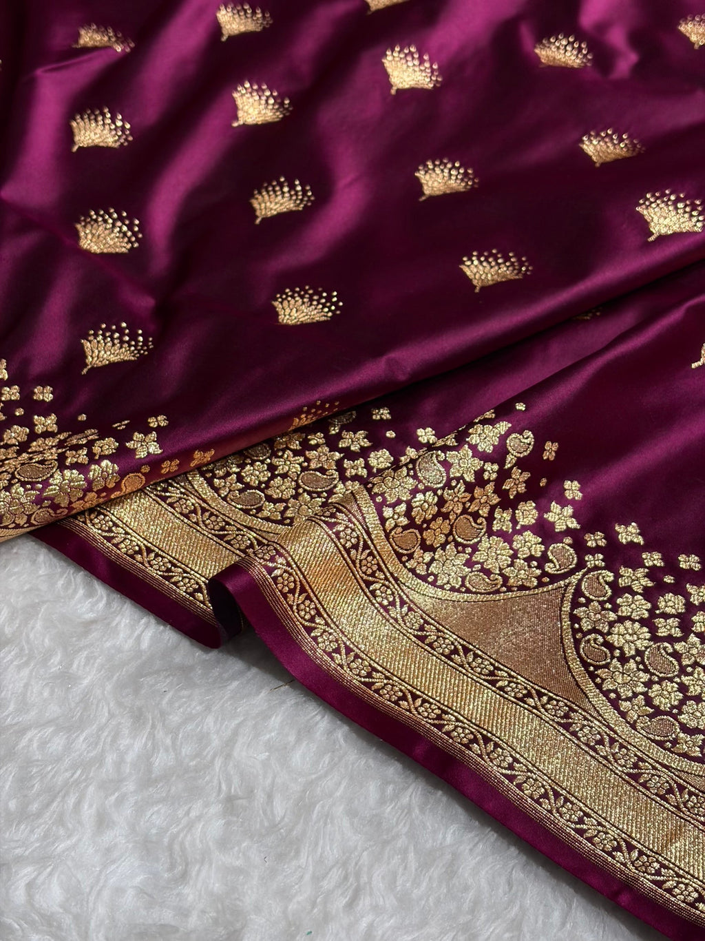 Banarasi Satin Silk Saree in Fire Gold Shade with Elegant Booti Work | Traditional Designer Wedding Saree