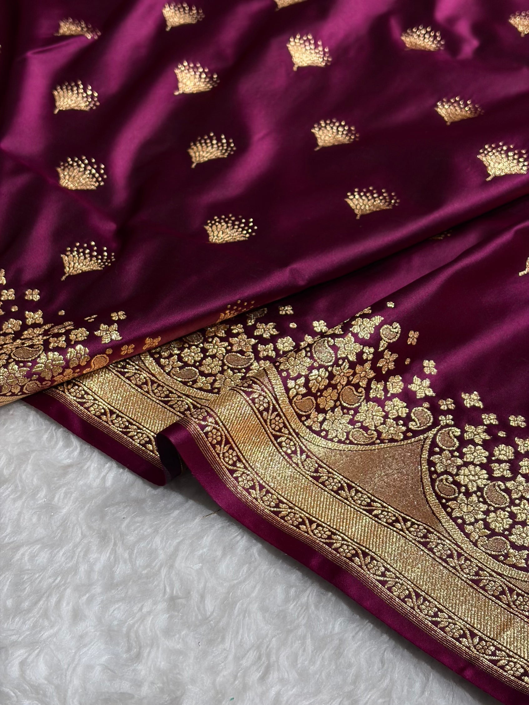 Banarasi Satin Silk Saree in Fire Gold Shade with Elegant Booti Work | Traditional Designer Wedding Saree