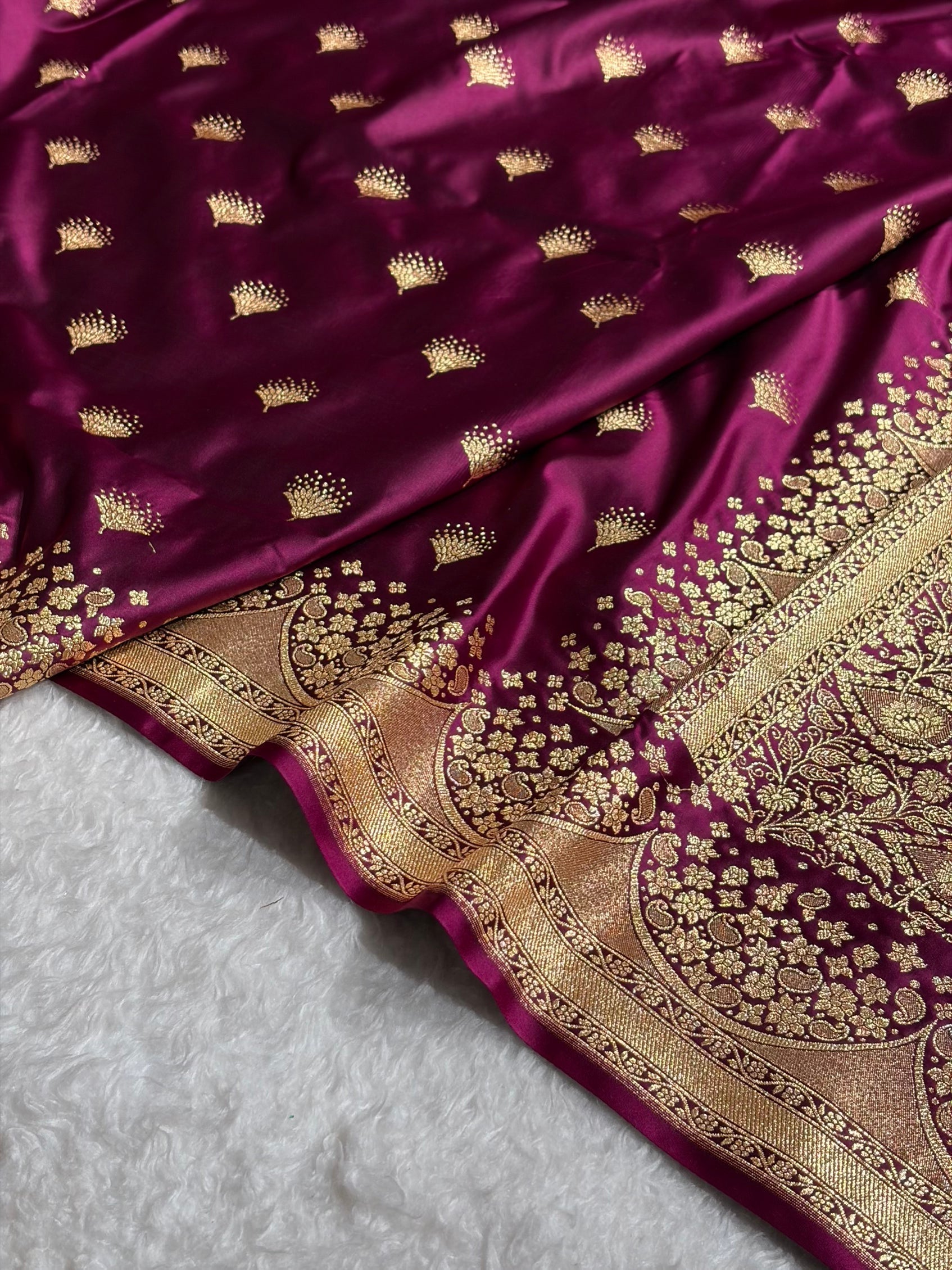 Banarasi Satin Silk Saree in Fire Gold Shade with Elegant Booti Work | Traditional Designer Wedding Saree