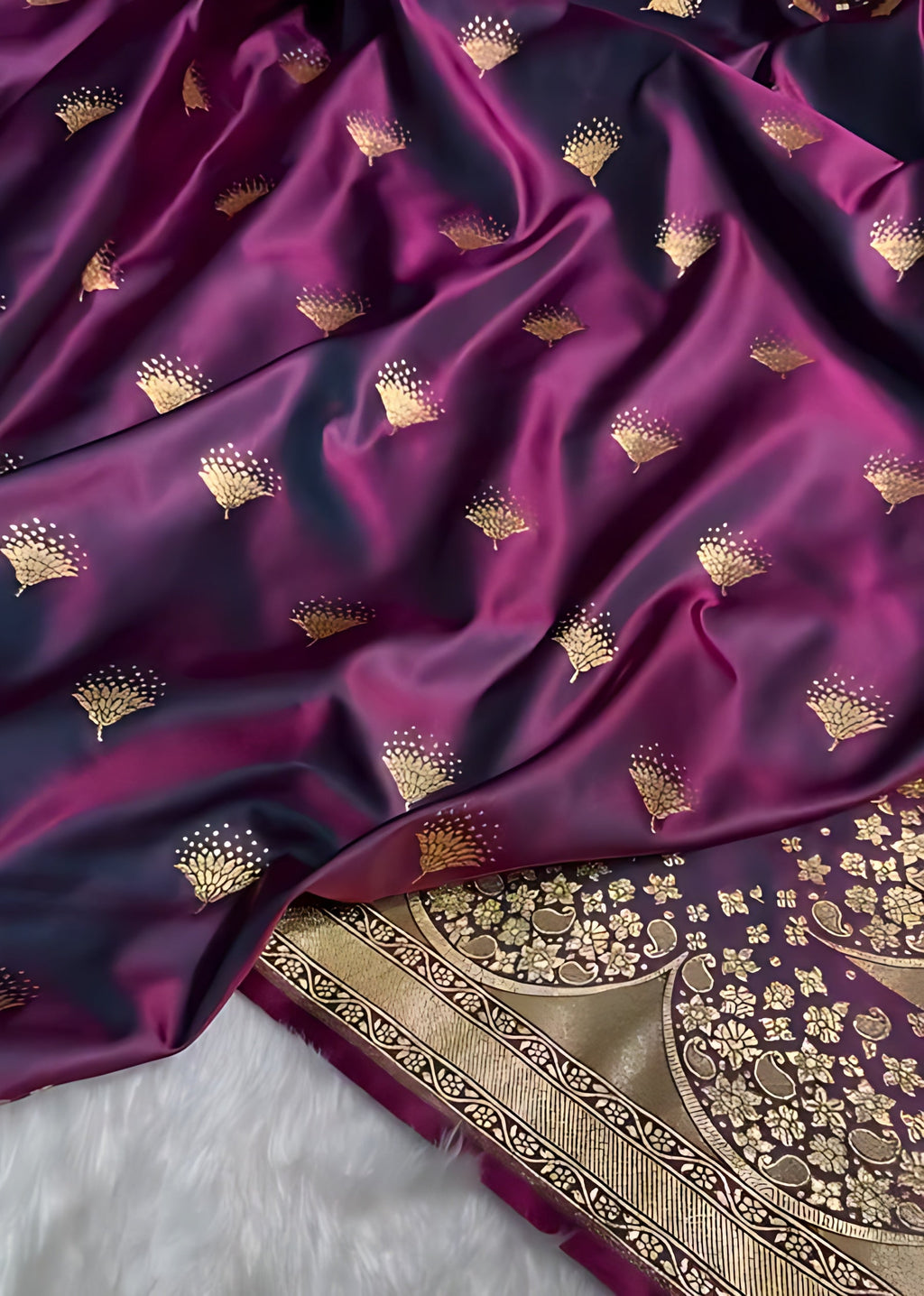 Banarasi Satin Silk Saree in Fire Gold Shade with Elegant Booti Work | Traditional Designer Wedding Saree