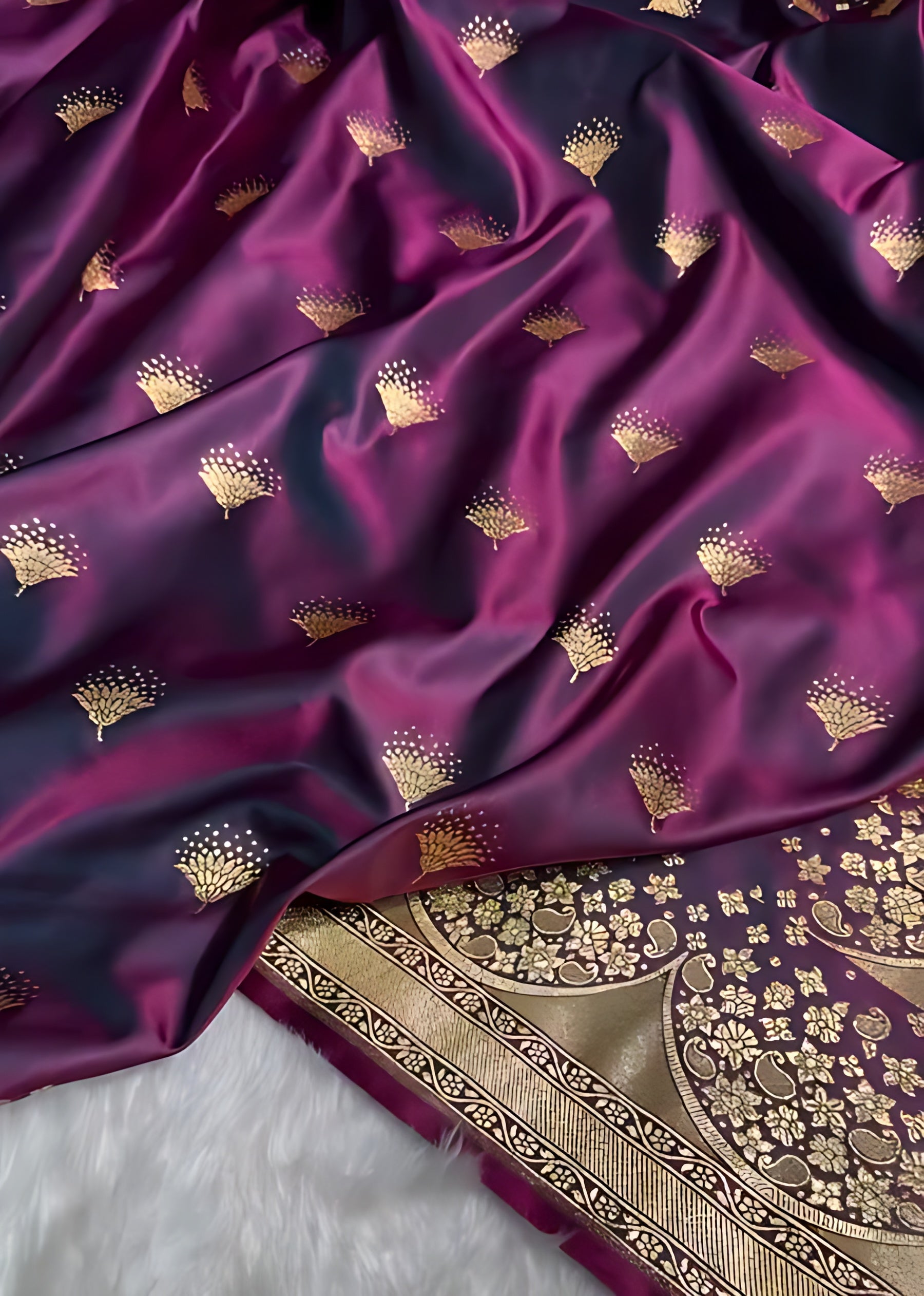 Banarasi Satin Silk Saree in Fire Gold Shade with Elegant Booti Work | Traditional Designer Wedding Saree