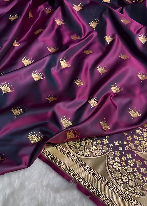Banarasi Satin Silk Saree in Fire Gold Shade with Elegant Booti Work | Traditional Designer Wedding Saree