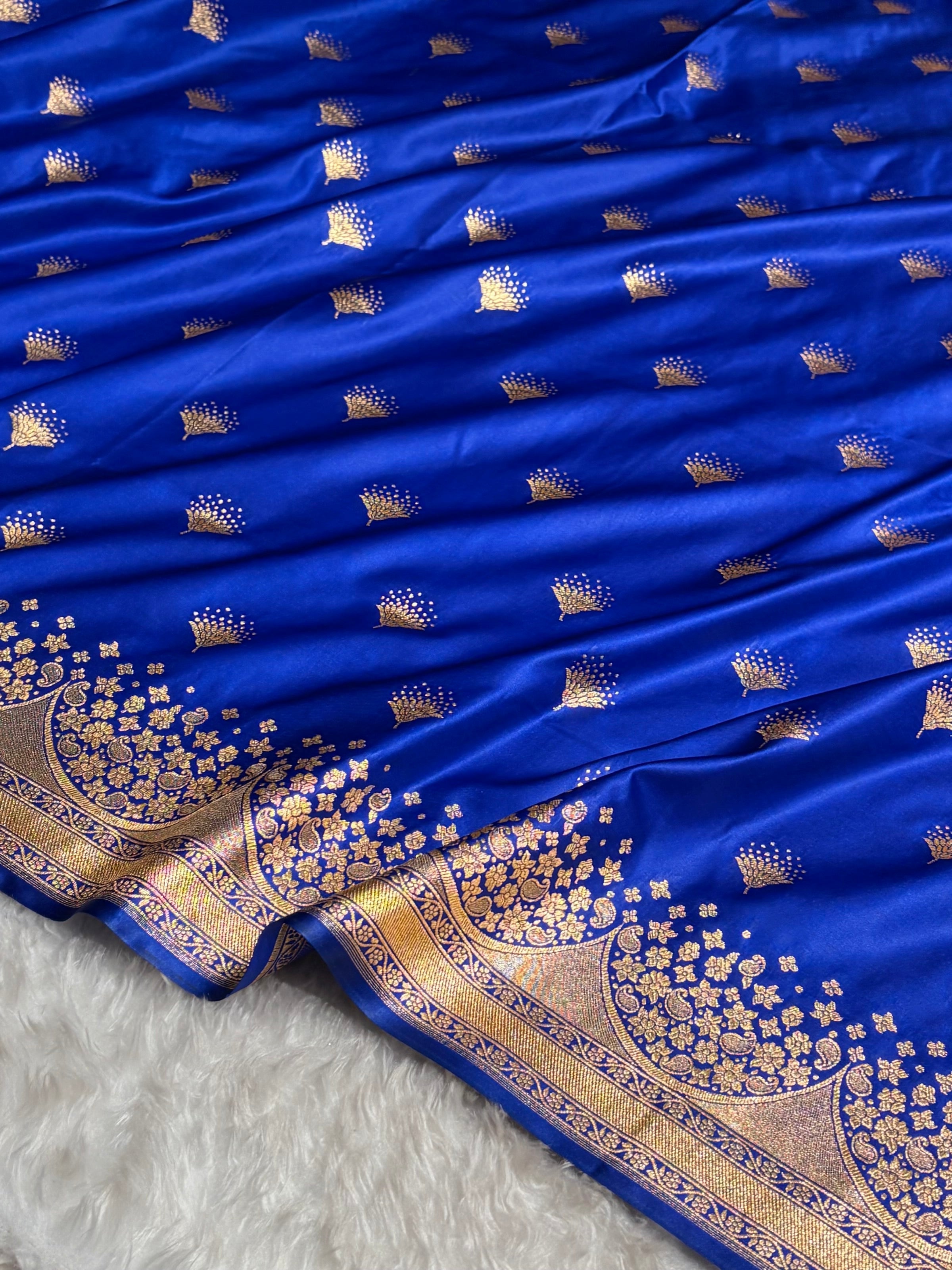 Banarasi Satin Silk Saree in Fire Gold Shade with Elegant Booti Work | Traditional Designer Wedding Saree
