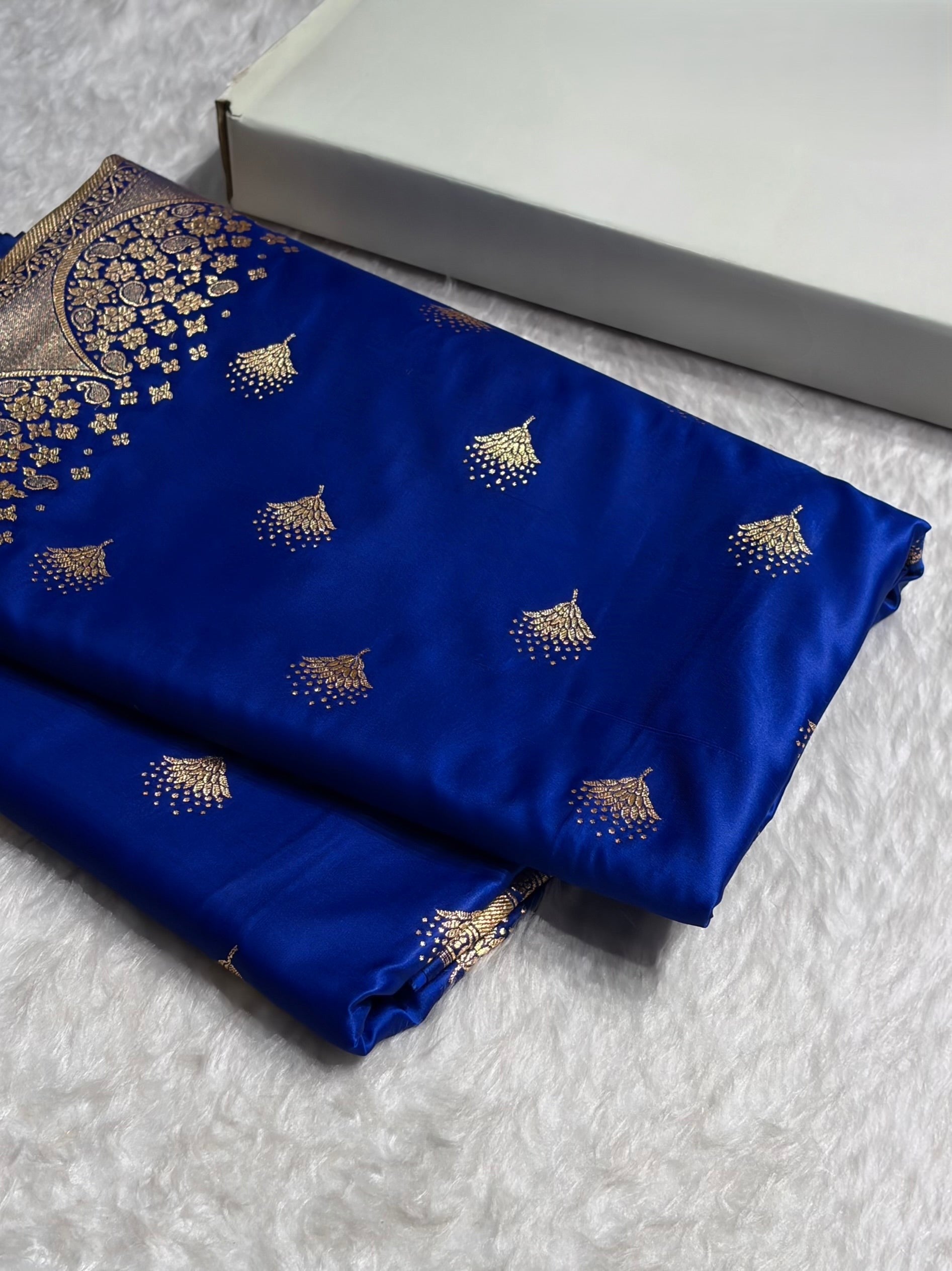 Banarasi Satin Silk Saree in Fire Gold Shade with Elegant Booti Work | Traditional Designer Wedding Saree