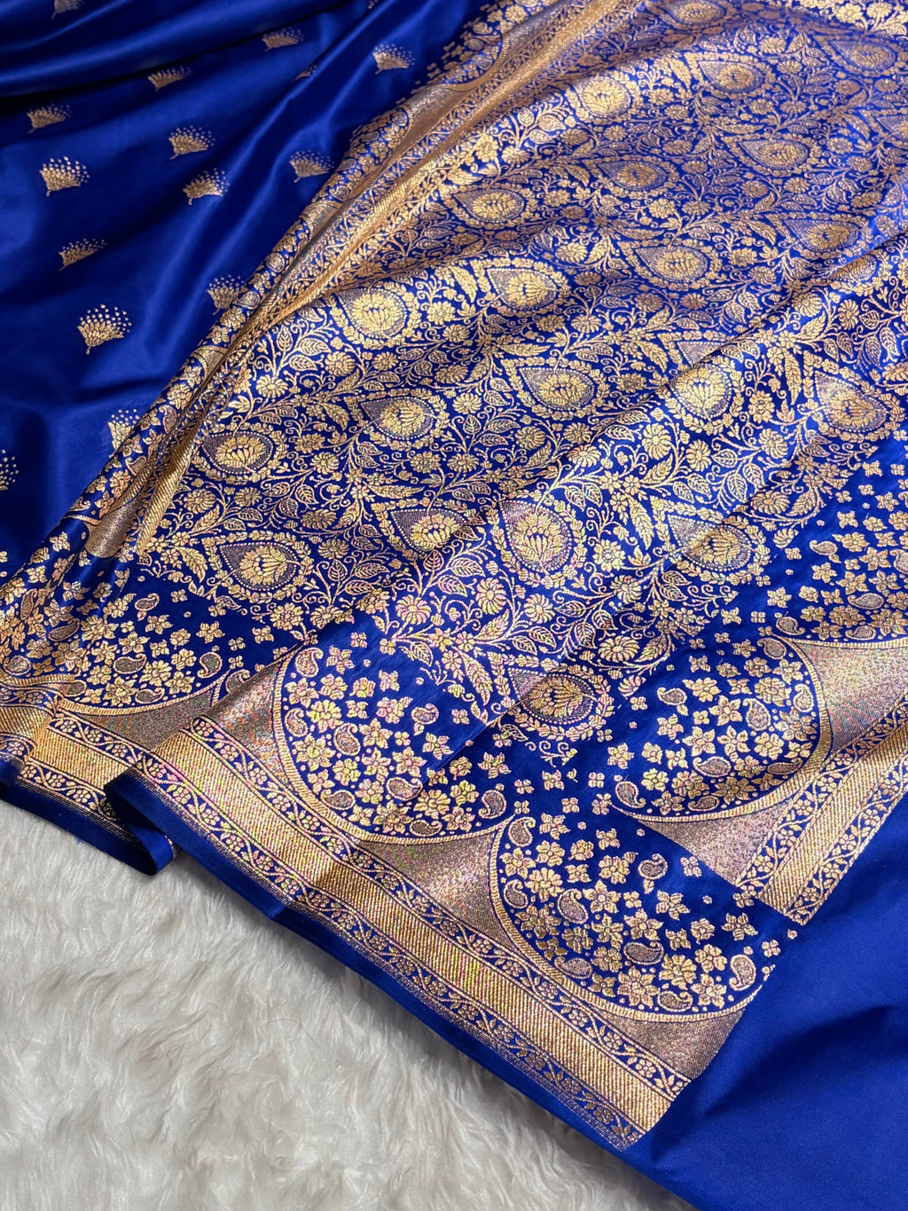Banarasi Satin Silk Saree in Fire Gold Shade with Elegant Booti Work | Traditional Designer Wedding Saree