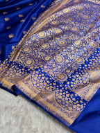 Banarasi Satin Silk Saree in Fire Gold Shade with Elegant Booti Work | Traditional Designer Wedding Saree