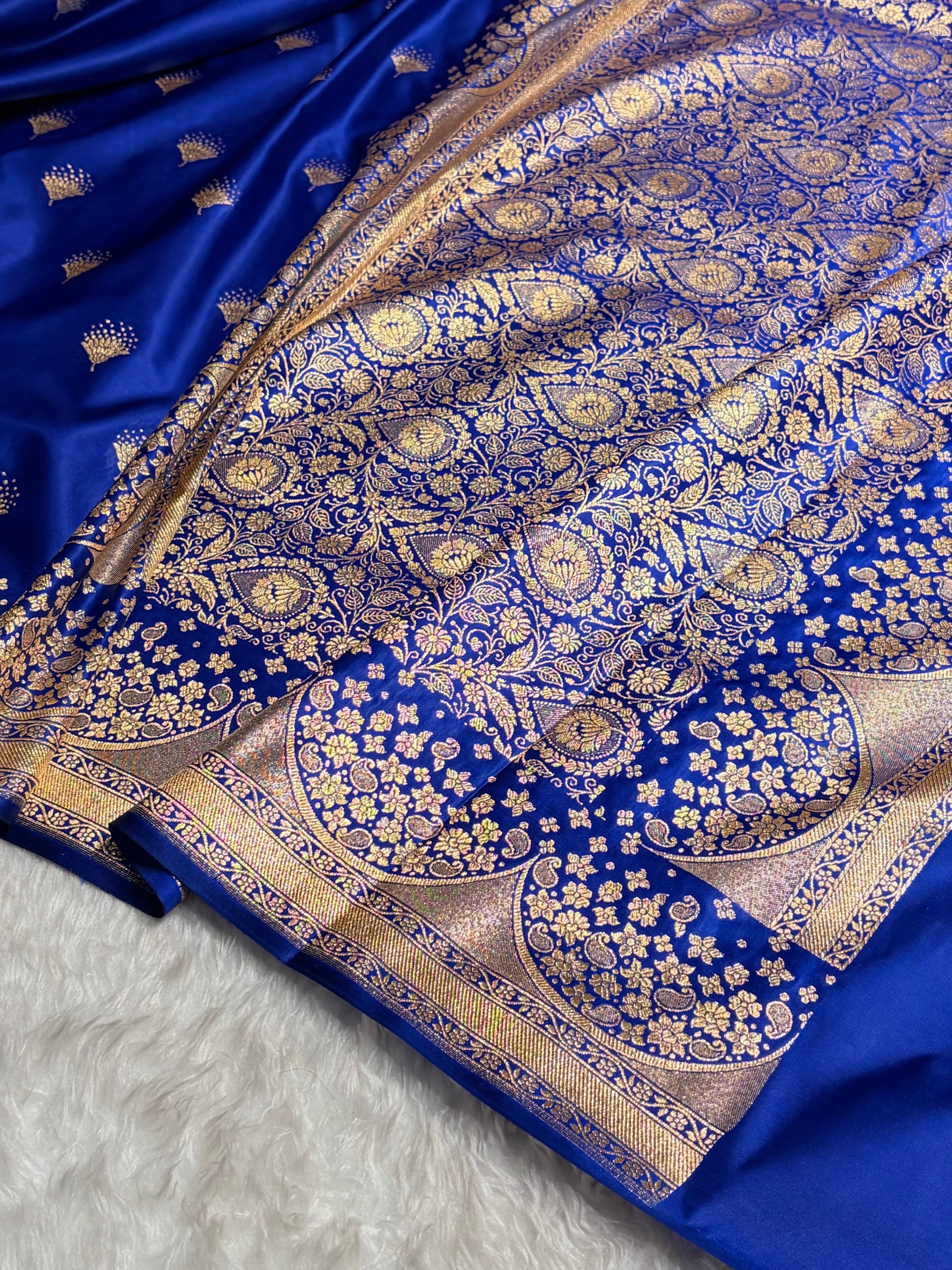 Banarasi Satin Silk Saree in Fire Gold Shade with Elegant Booti Work | Traditional Designer Wedding Saree