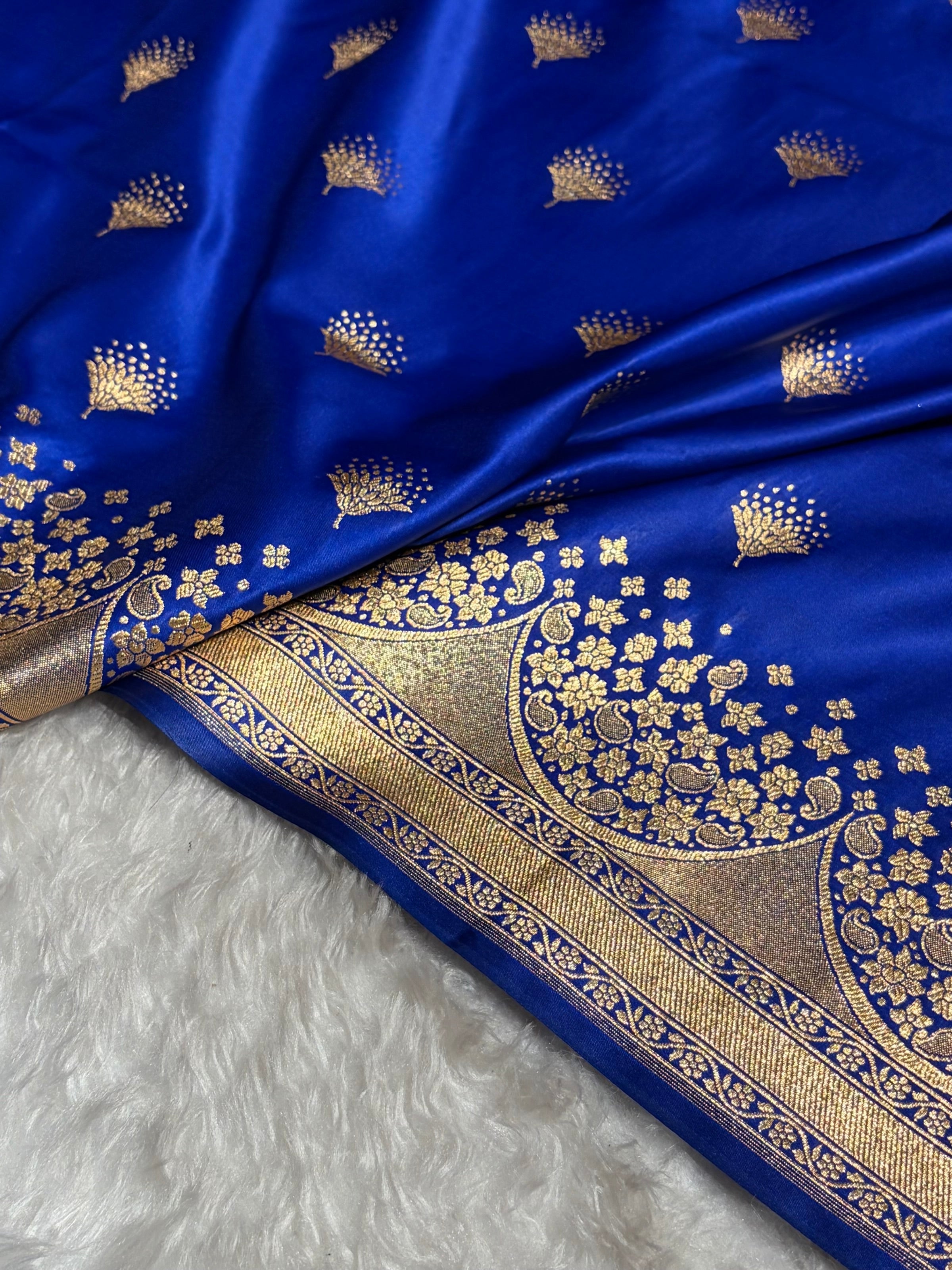 Banarasi Satin Silk Saree in Fire Gold Shade with Elegant Booti Work | Traditional Designer Wedding Saree