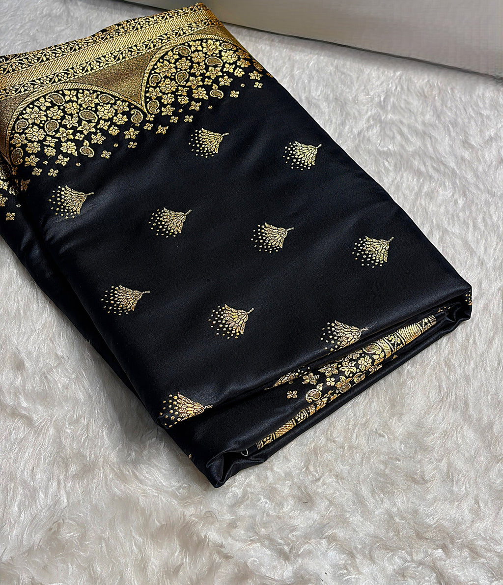 Banarasi Satin Silk Saree in Fire Gold Shade with Elegant Booti Work | Traditional Designer Wedding Saree