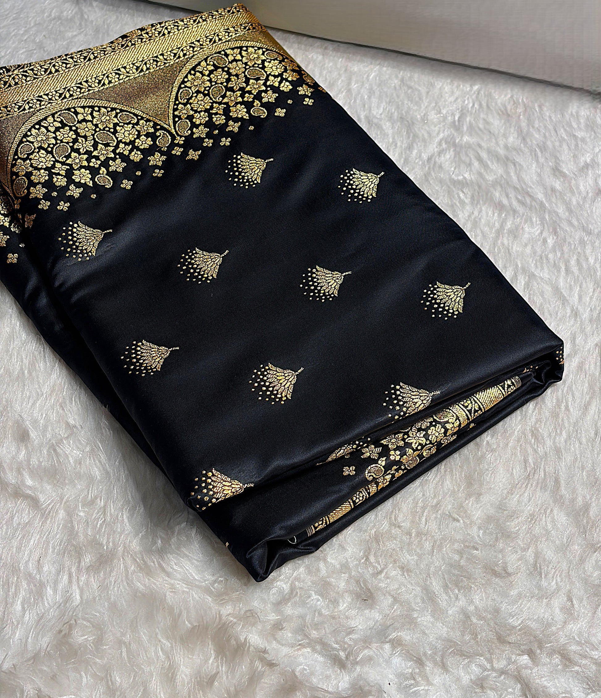 Banarasi Satin Silk Saree in Fire Gold Shade with Elegant Booti Work | Traditional Designer Wedding Saree
