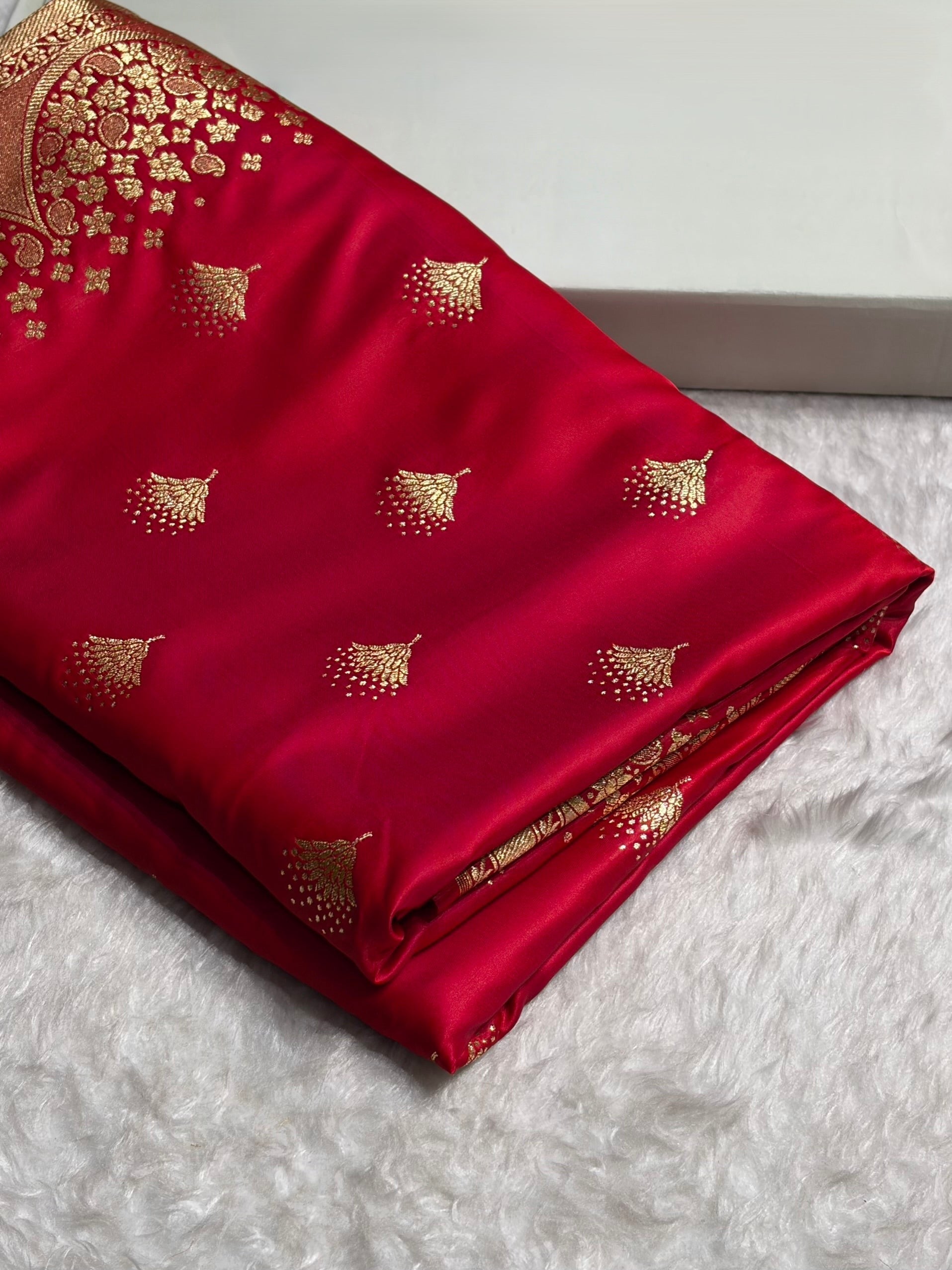 Banarasi Satin Silk Saree in Fire Gold Shade with Elegant Booti Work | Traditional Designer Wedding Saree