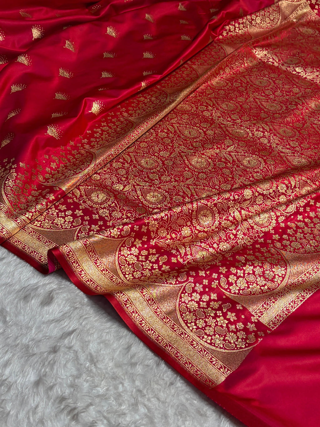 Banarasi Satin Silk Saree in Fire Gold Shade with Elegant Booti Work | Traditional Designer Wedding Saree