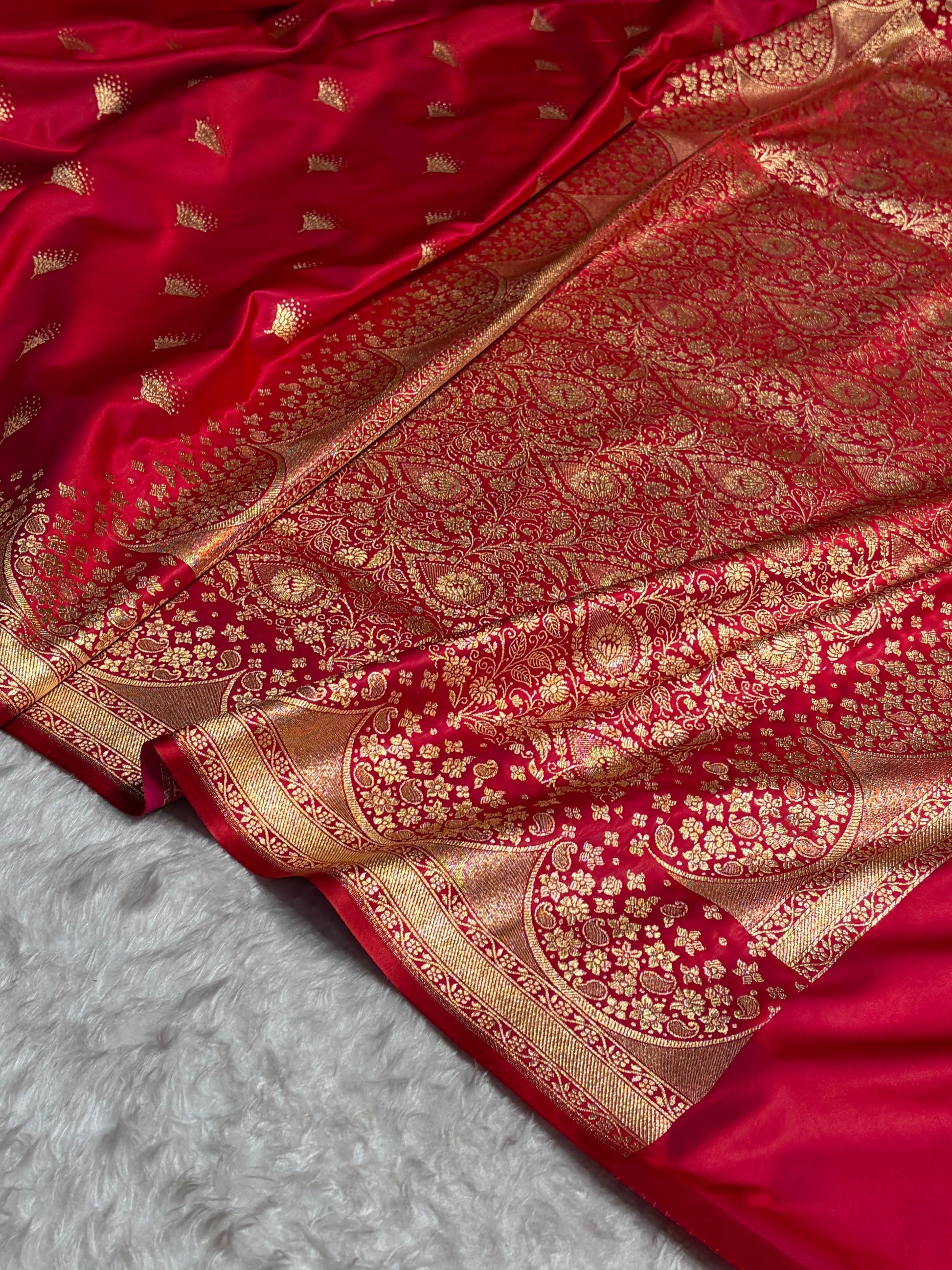 Banarasi Satin Silk Saree in Fire Gold Shade with Elegant Booti Work | Traditional Designer Wedding Saree