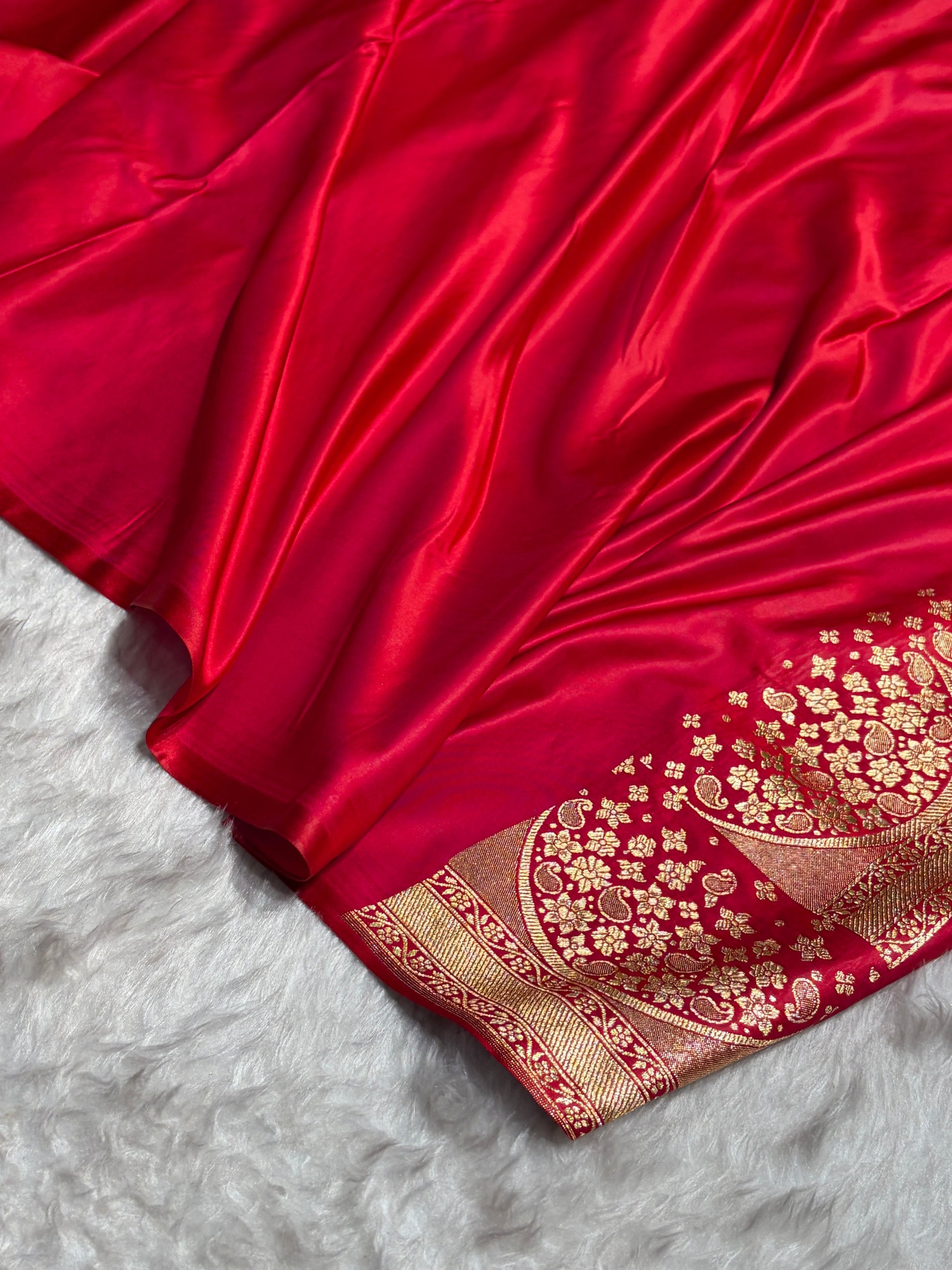 Banarasi Satin Silk Saree in Fire Gold Shade with Elegant Booti Work | Traditional Designer Wedding Saree