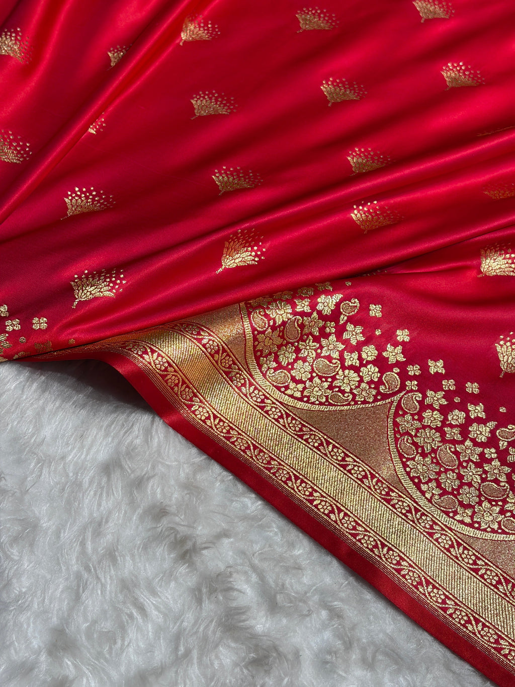 Banarasi Satin Silk Saree in Fire Gold Shade with Elegant Booti Work | Traditional Designer Wedding Saree