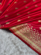 Banarasi Satin Silk Saree in Fire Gold Shade with Elegant Booti Work | Traditional Designer Wedding Saree