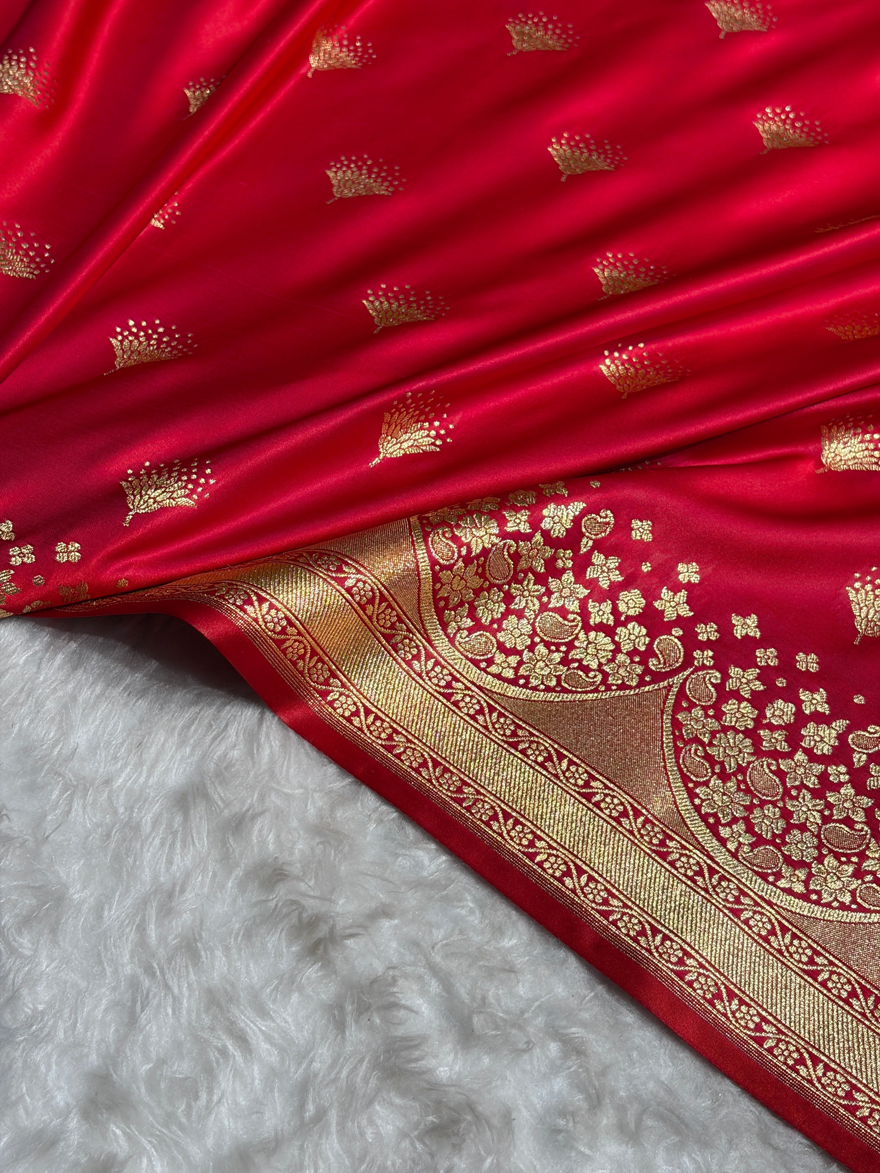 Banarasi Satin Silk Saree in Fire Gold Shade with Elegant Booti Work | Traditional Designer Wedding Saree