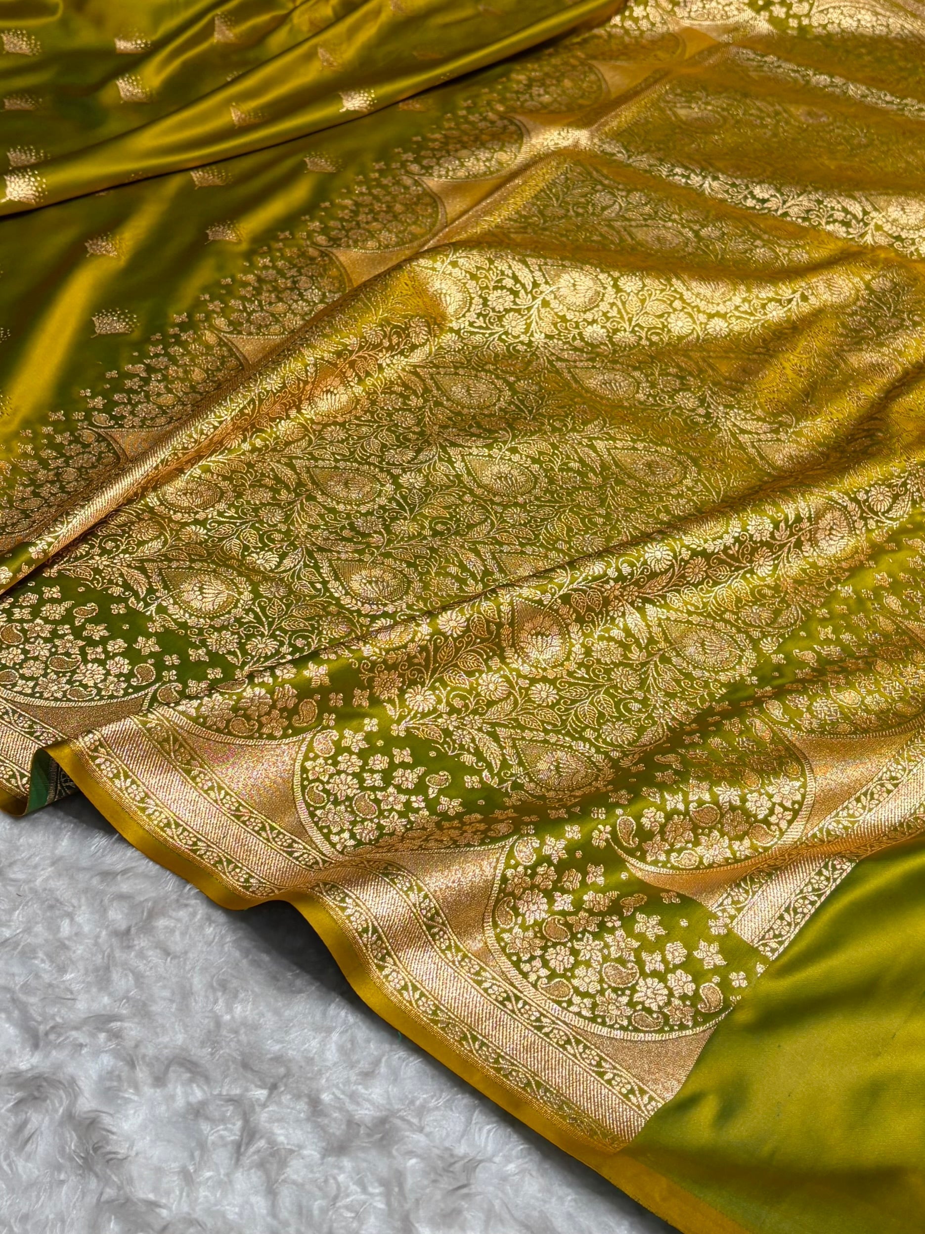 Banarasi Satin Silk Saree in Fire Gold Shade with Elegant Booti Work | Traditional Designer Wedding Saree