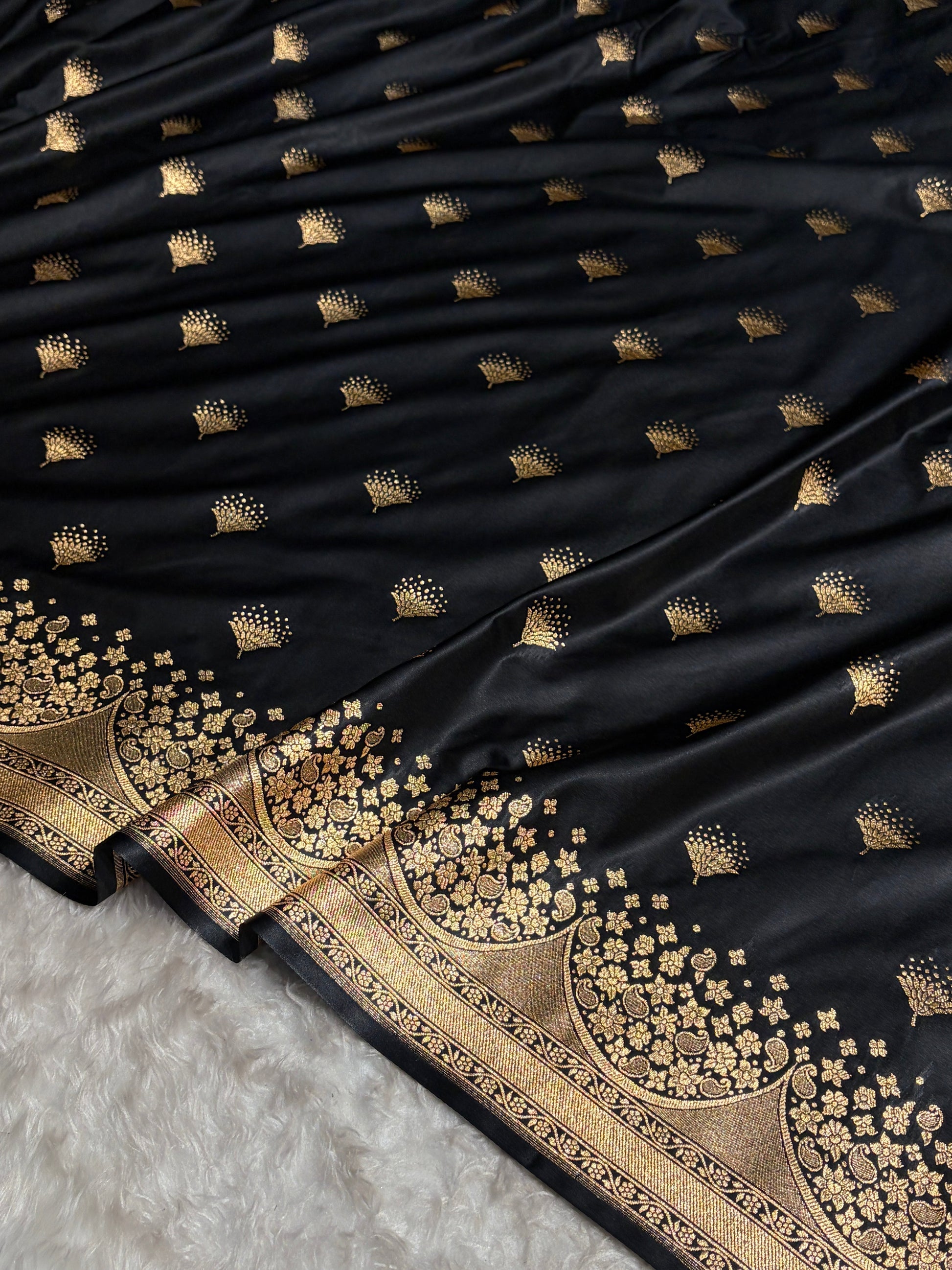 Banarasi Satin Silk Saree in Fire Gold Shade with Elegant Booti Work | Traditional Designer Wedding Saree