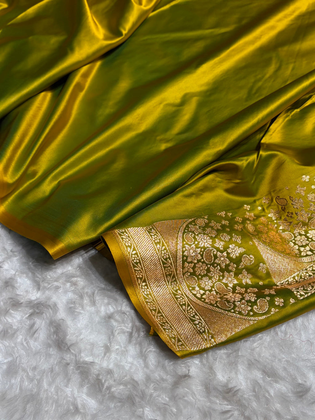 Banarasi Satin Silk Saree in Fire Gold Shade with Elegant Booti Work | Traditional Designer Wedding Saree