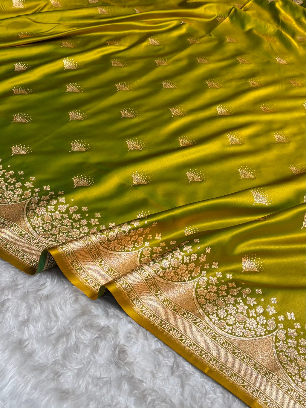 Banarasi Satin Silk Saree in Fire Gold Shade with Elegant Booti Work | Traditional Designer Wedding Saree