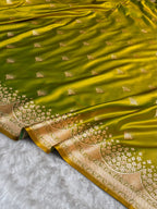 Banarasi Satin Silk Saree in Fire Gold Shade with Elegant Booti Work | Traditional Designer Wedding Saree