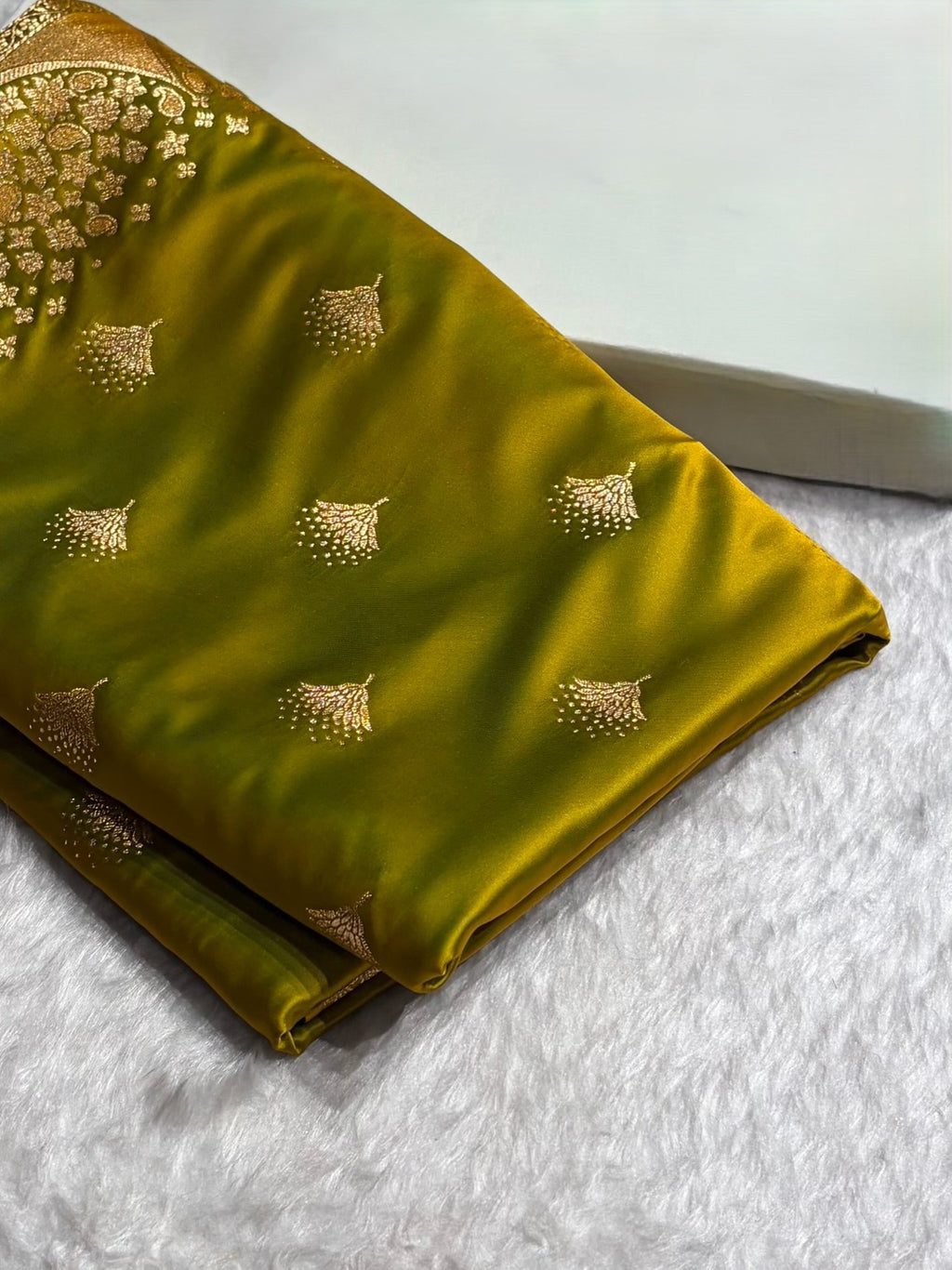 Banarasi Satin Silk Saree in Fire Gold Shade with Elegant Booti Work | Traditional Designer Wedding Saree
