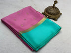 Pastel Pink & Sea Green silk semi Mysore silk saree with Gold Zari Butti Work