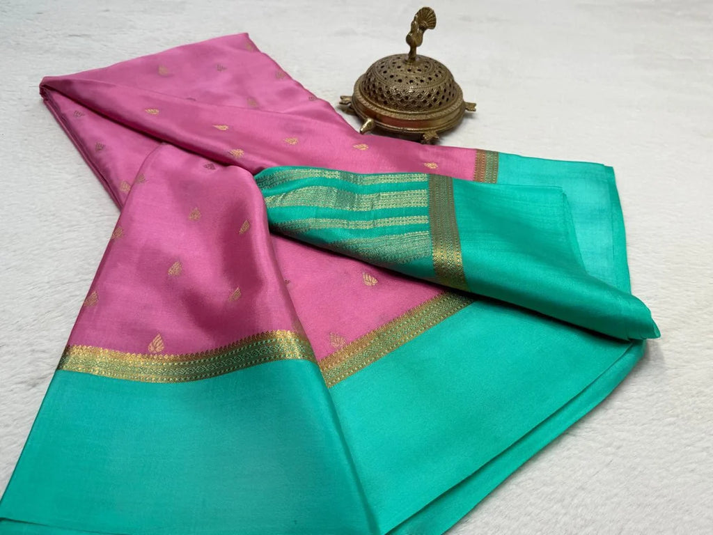 Pastel Pink & Sea Green silk semi Mysore silk saree with Gold Zari Butti Work