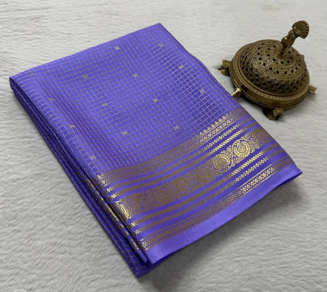 Buy Mysore Silk Saree in Royal Blue Micro Checks with Gold Zari Border and Star Buttas