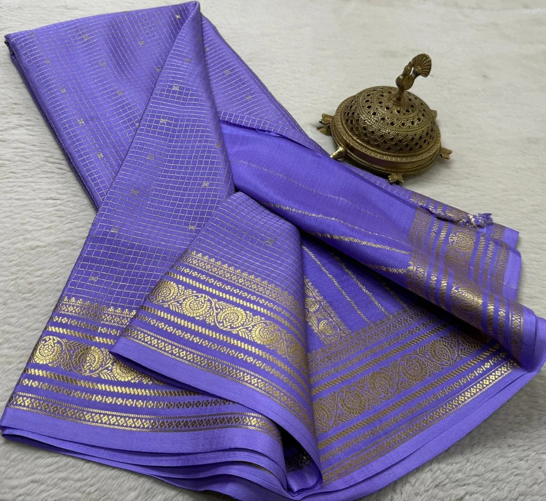 Buy Mysore Silk Saree in Royal Blue Micro Checks with Gold Zari Border and Star Buttas