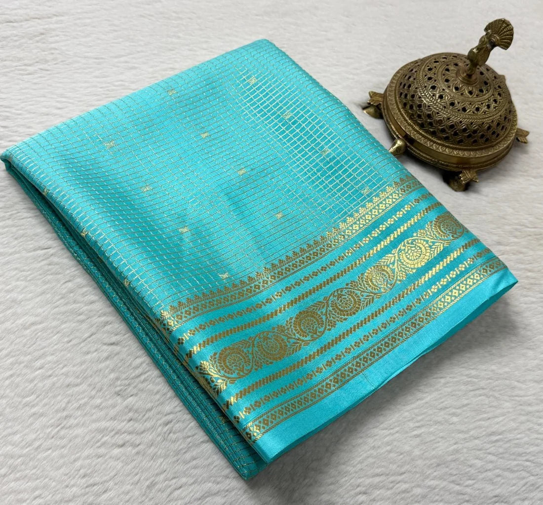 Buy Mysore Silk Saree in Royal Blue Micro Checks with Gold Zari Border and Star Buttas