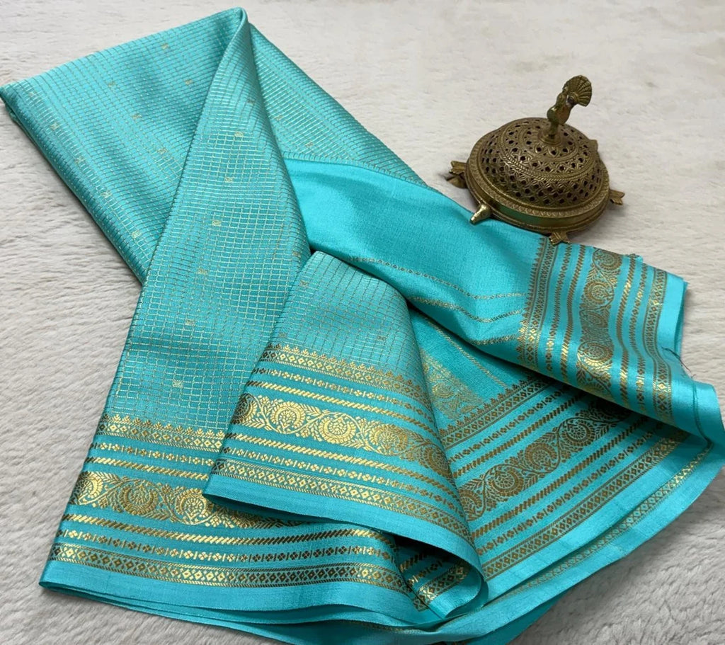 Buy Mysore Silk Saree in Royal Blue Micro Checks with Gold Zari Border and Star Buttas