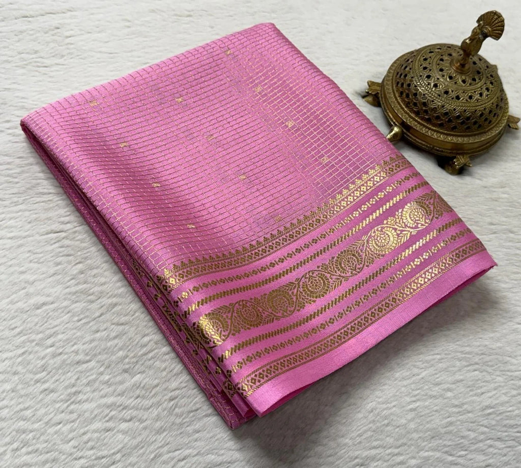 Buy Mysore Silk Saree in Royal Blue Micro Checks with Gold Zari Border and Star Buttas