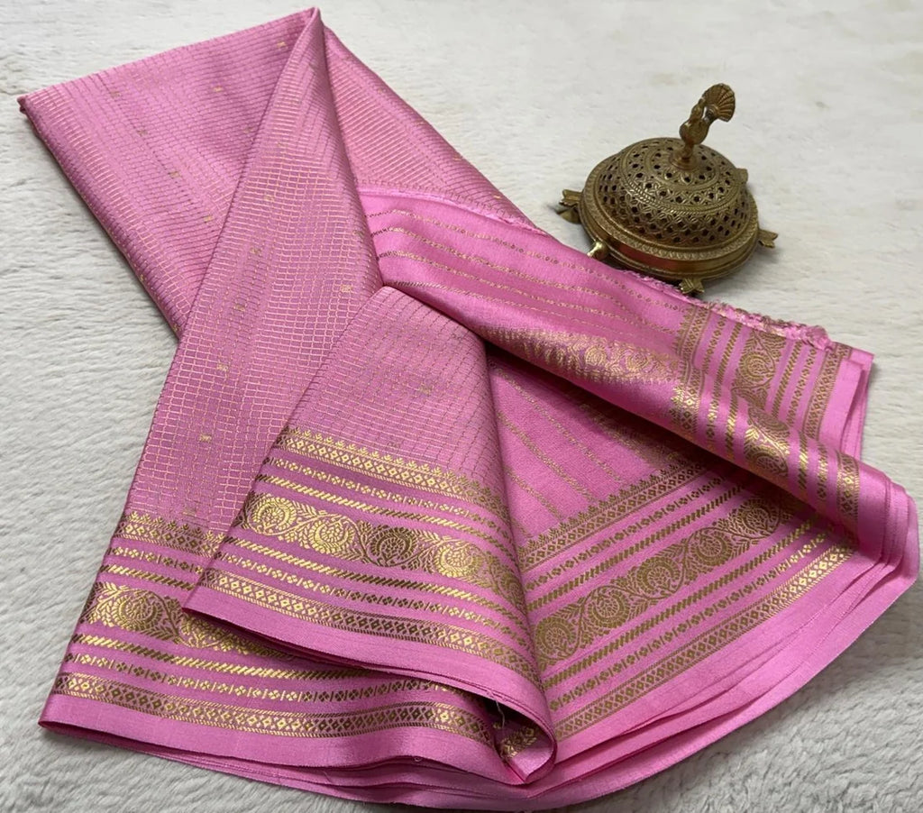 Buy Mysore Silk Saree in Royal Blue Micro Checks with Gold Zari Border and Star Buttas