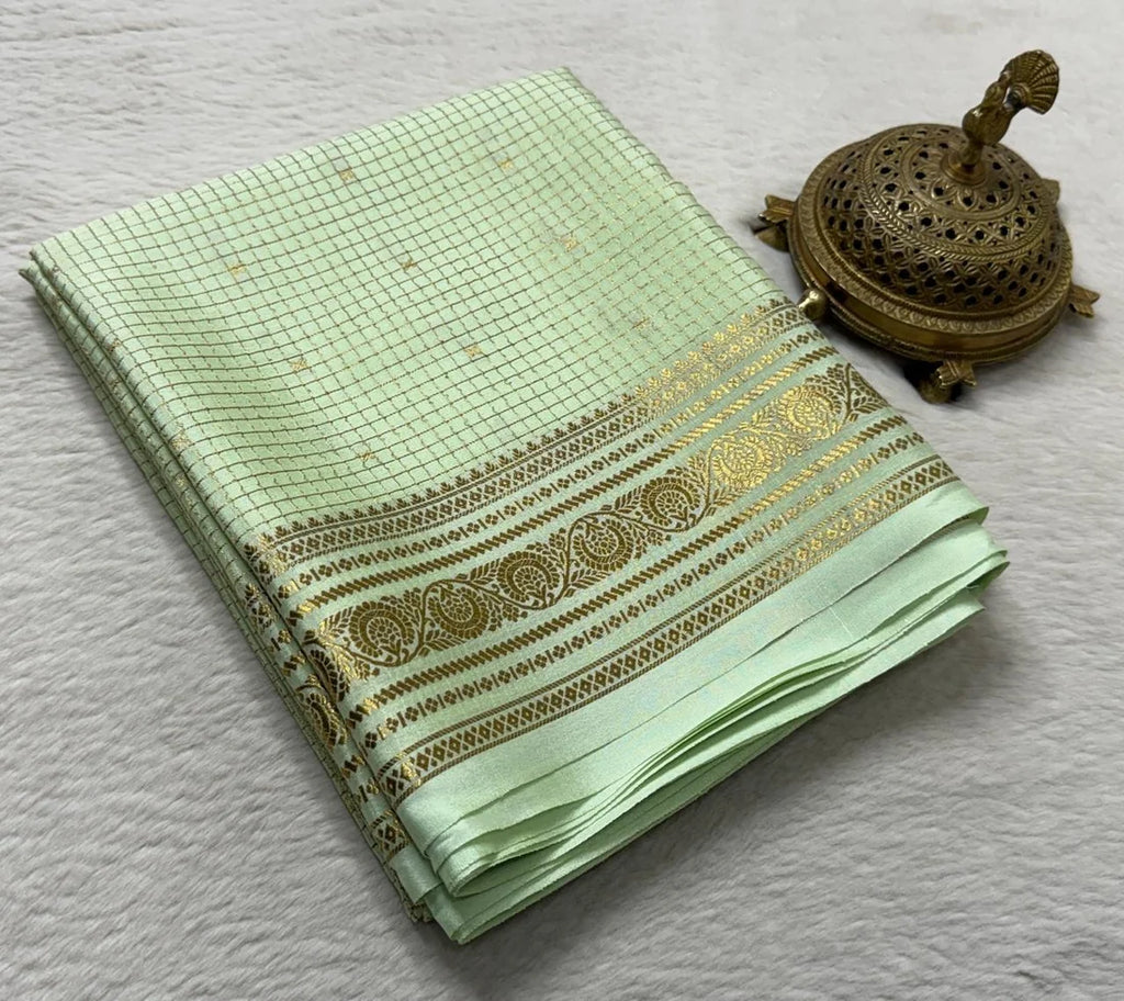 Buy Mysore Silk Saree in Royal Blue Micro Checks with Gold Zari Border and Star Buttas