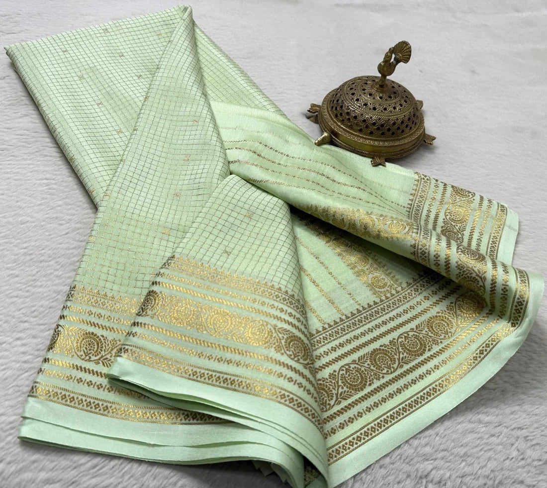 Buy Mysore Silk Saree in Royal Blue Micro Checks with Gold Zari Border and Star Buttas