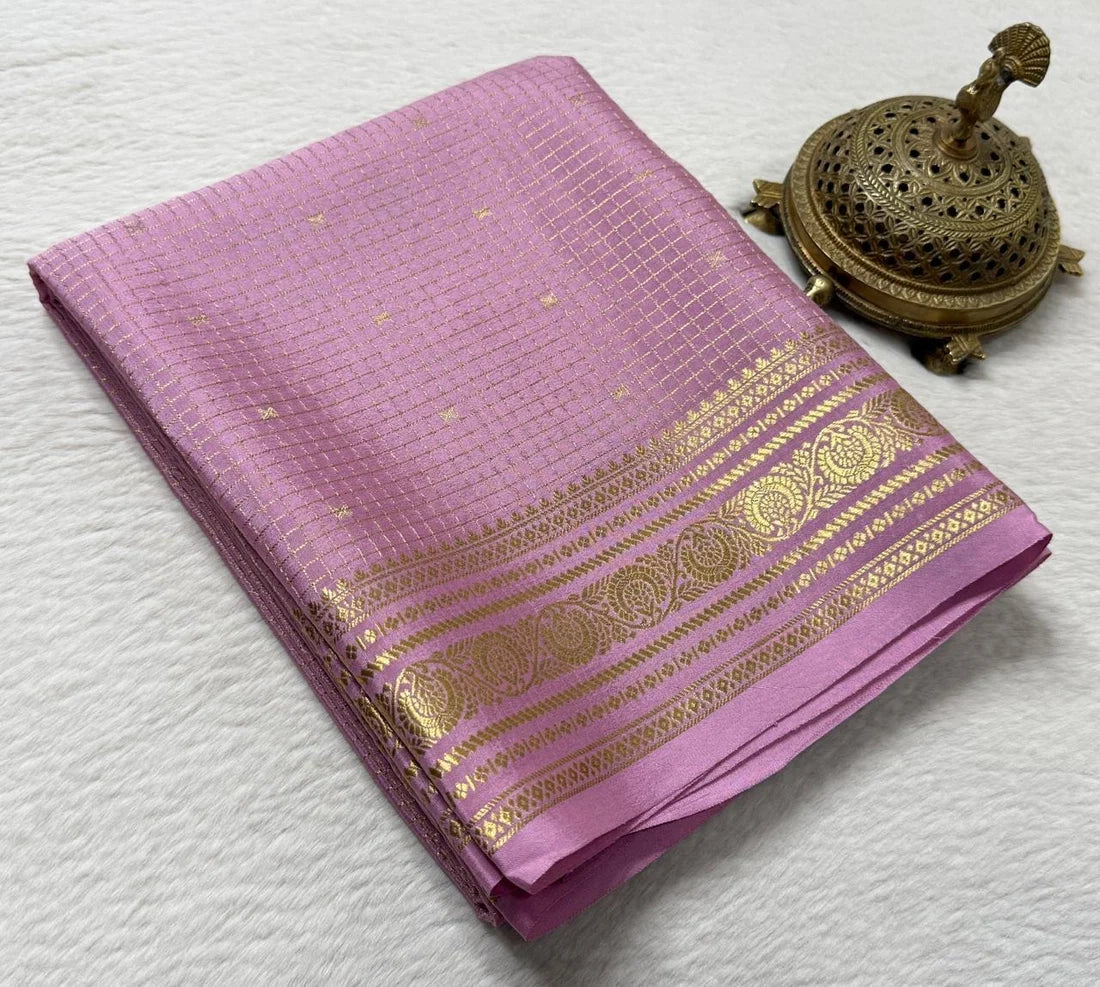 Buy Mysore Silk Saree in Royal Blue Micro Checks with Gold Zari Border and Star Buttas