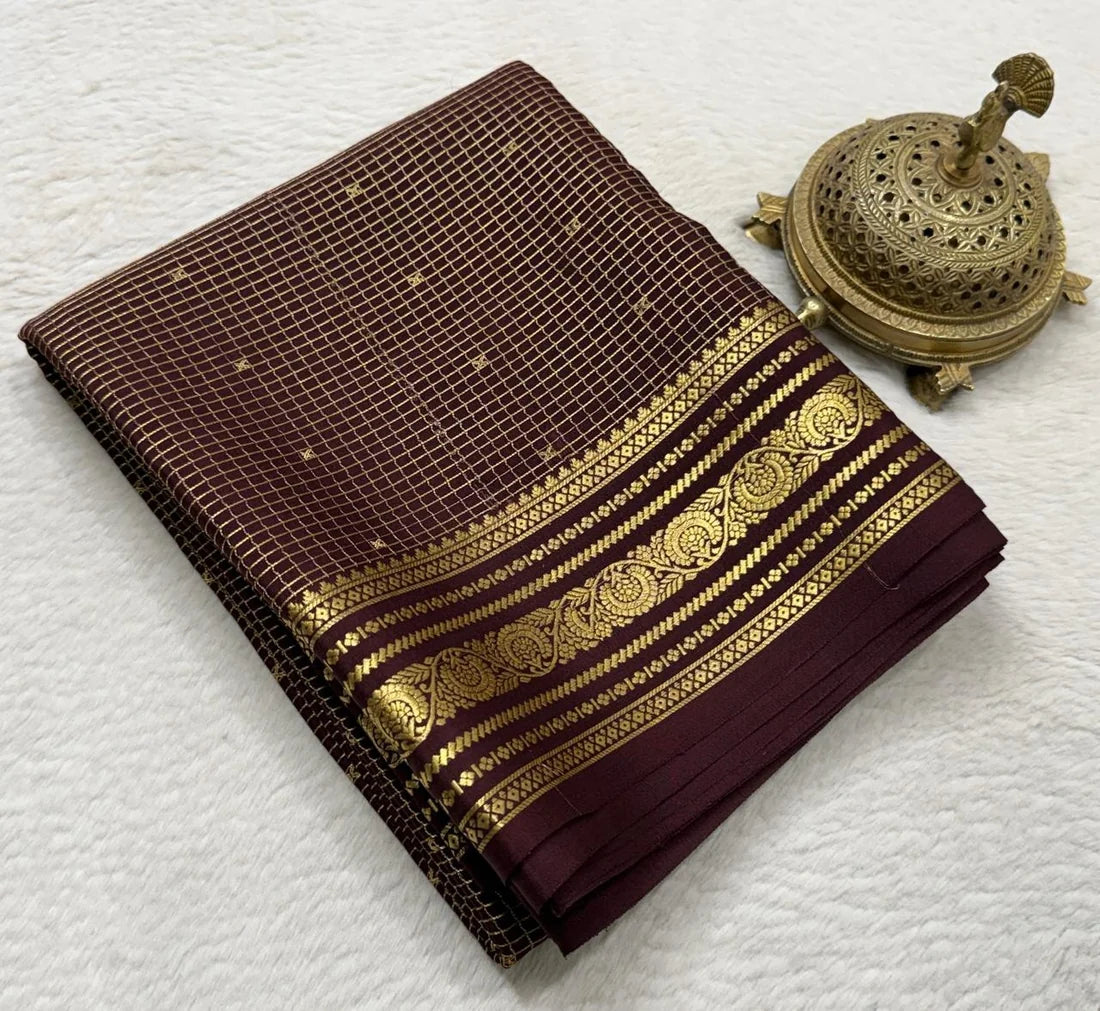 Buy Mysore Silk Saree in Royal Blue Micro Checks with Gold Zari Border and Star Buttas