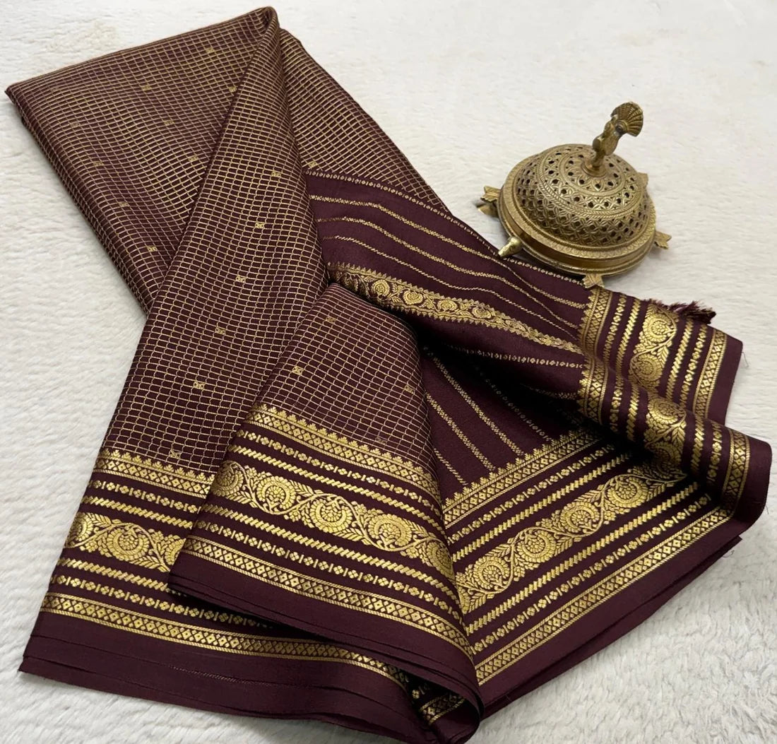 Buy Mysore Silk Saree in Royal Blue Micro Checks with Gold Zari Border and Star Buttas